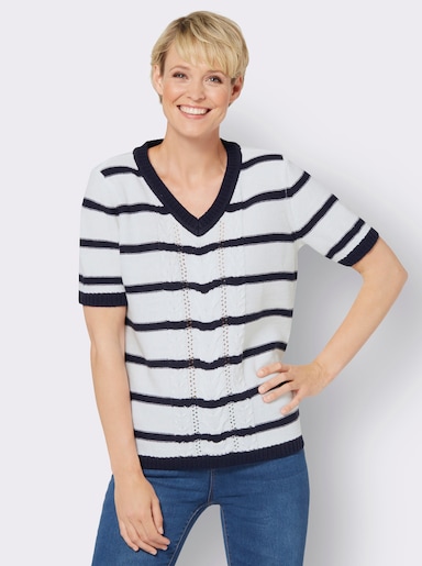 Kurzarm-Pullover - marine-weiss-geringelt