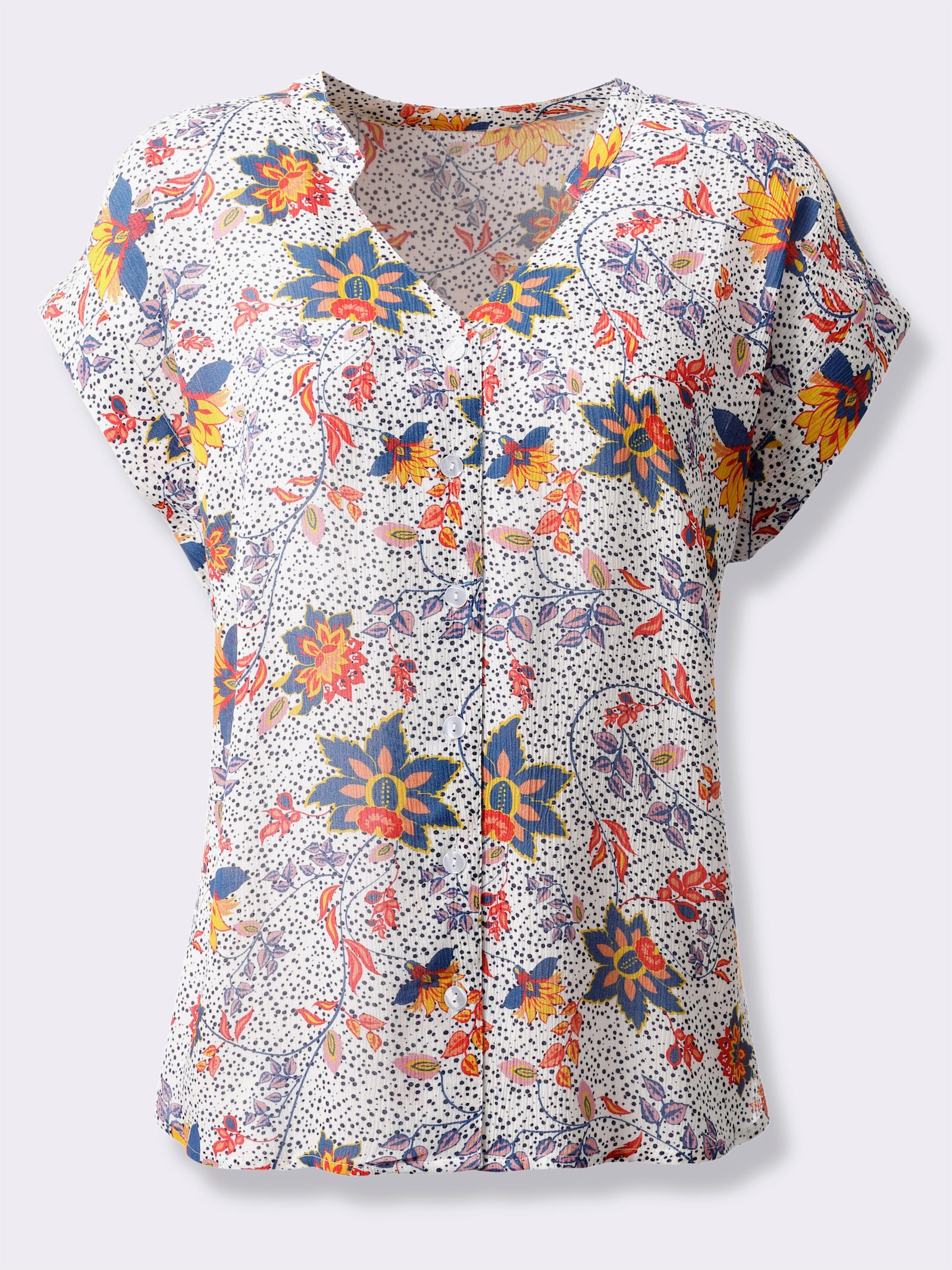 Kurzarmbluse in strukturierter Qualität - weiß-erdbeere-bedruckt