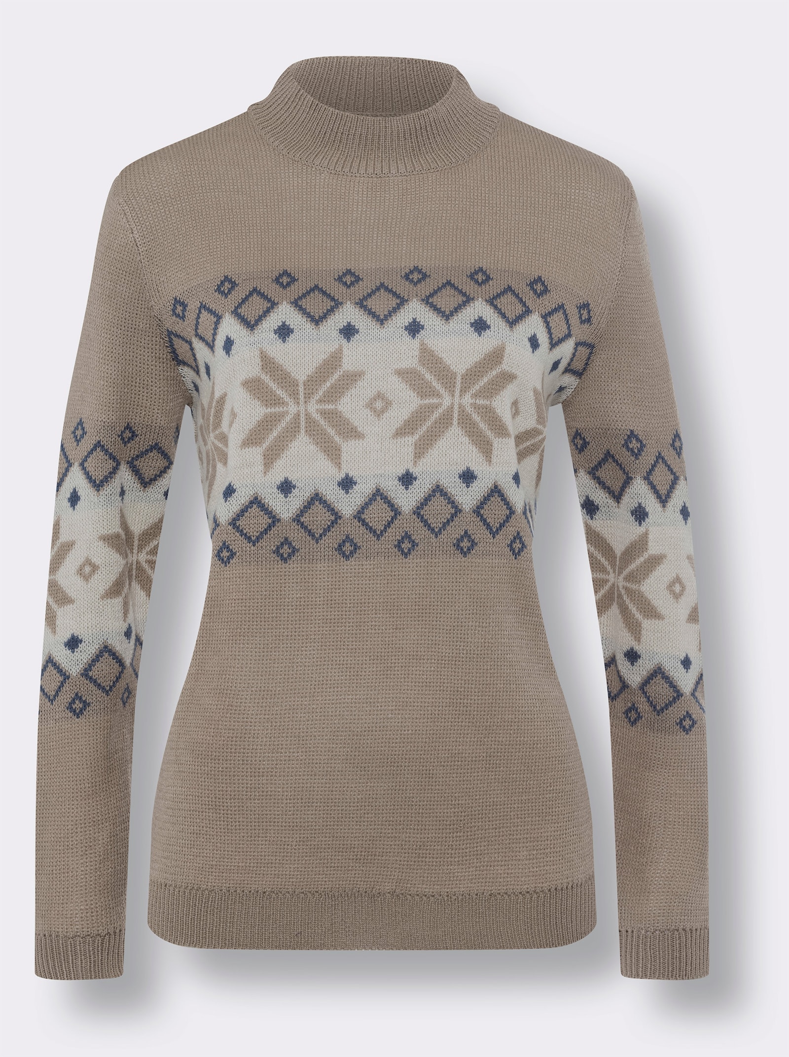 Stehkragenpullover mit Norweger-Muster - sesam-champagner-gemustert