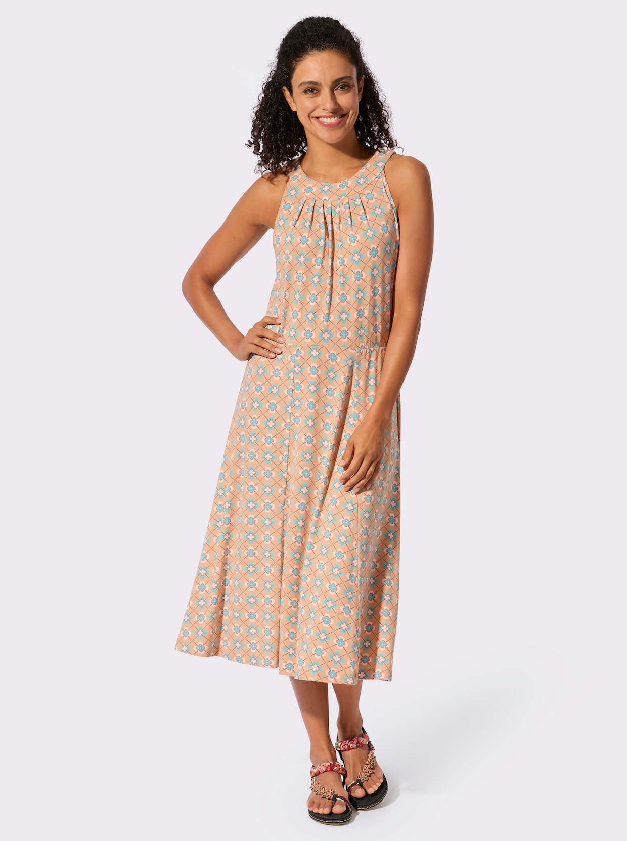 Jerseykleid - apricot-aquamarin-bedruckt