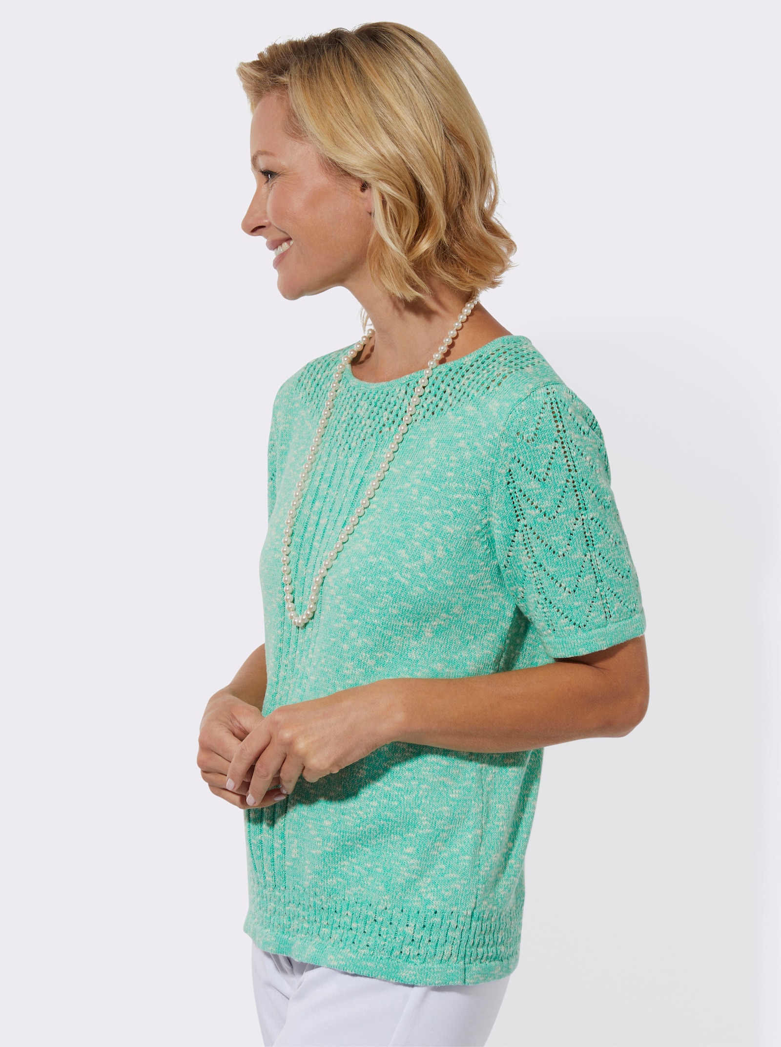 Ajourpullover in leichter Qualität - blaugrün-ecru-meliert