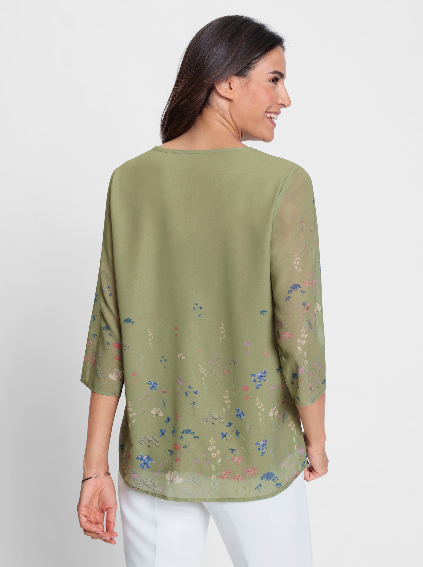 Blouse met print en transparante 3/4-mouwen - rietgroen/ecru bedrukt