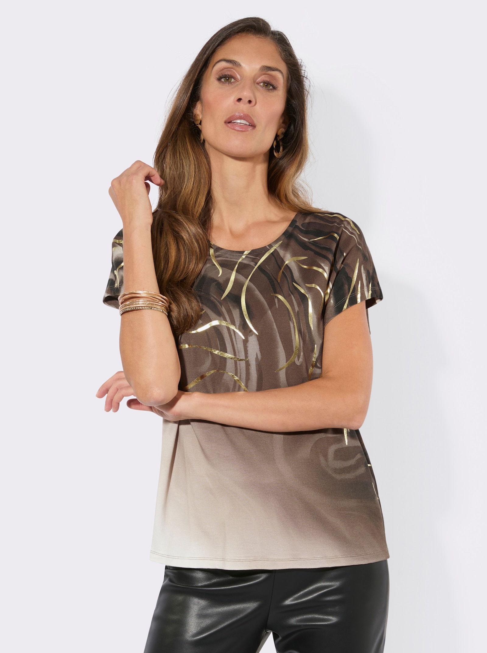 Rundhalsshirt mit goldfarbigem Folien-Druck - champagner-schoko-bedruckt
