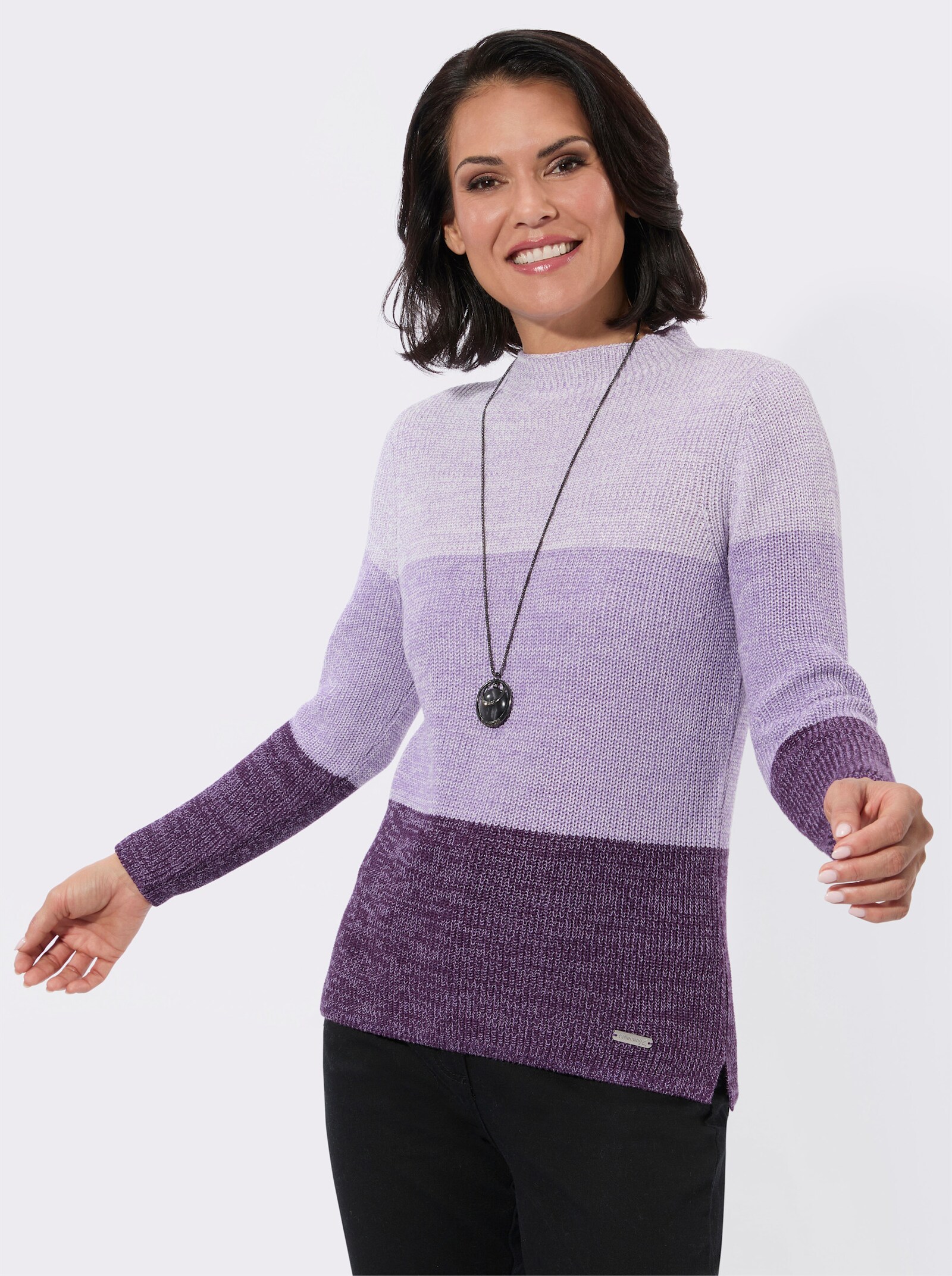 Stehkragenpullover mit Seitenschlitzen - lavendel-traube-gemustert