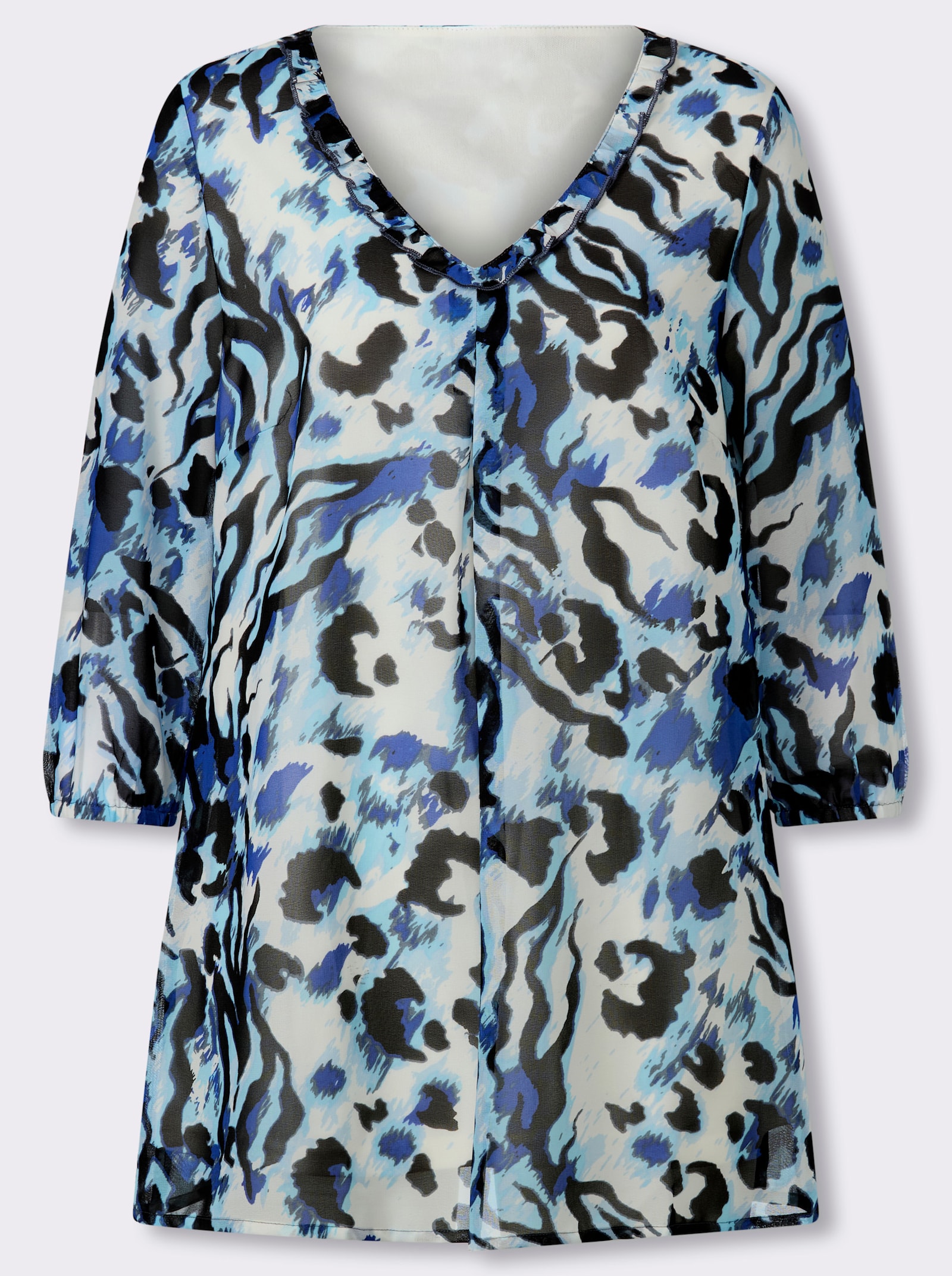 Longbluse im Animal-Dessin - champagner-royalblau-bedruckt