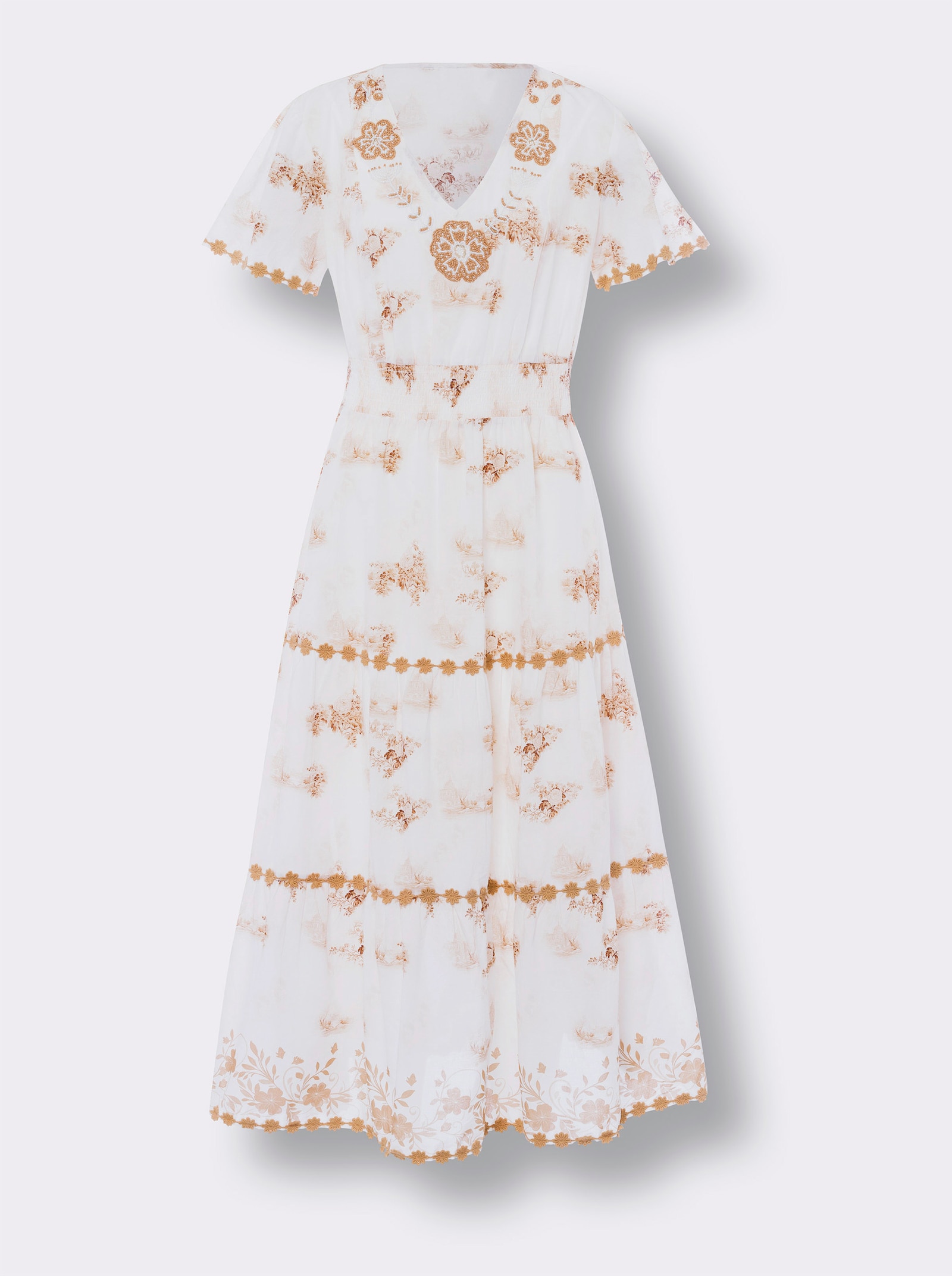 heine Jurk met print en borduursel met sierkralen - wit/camel bedrukt