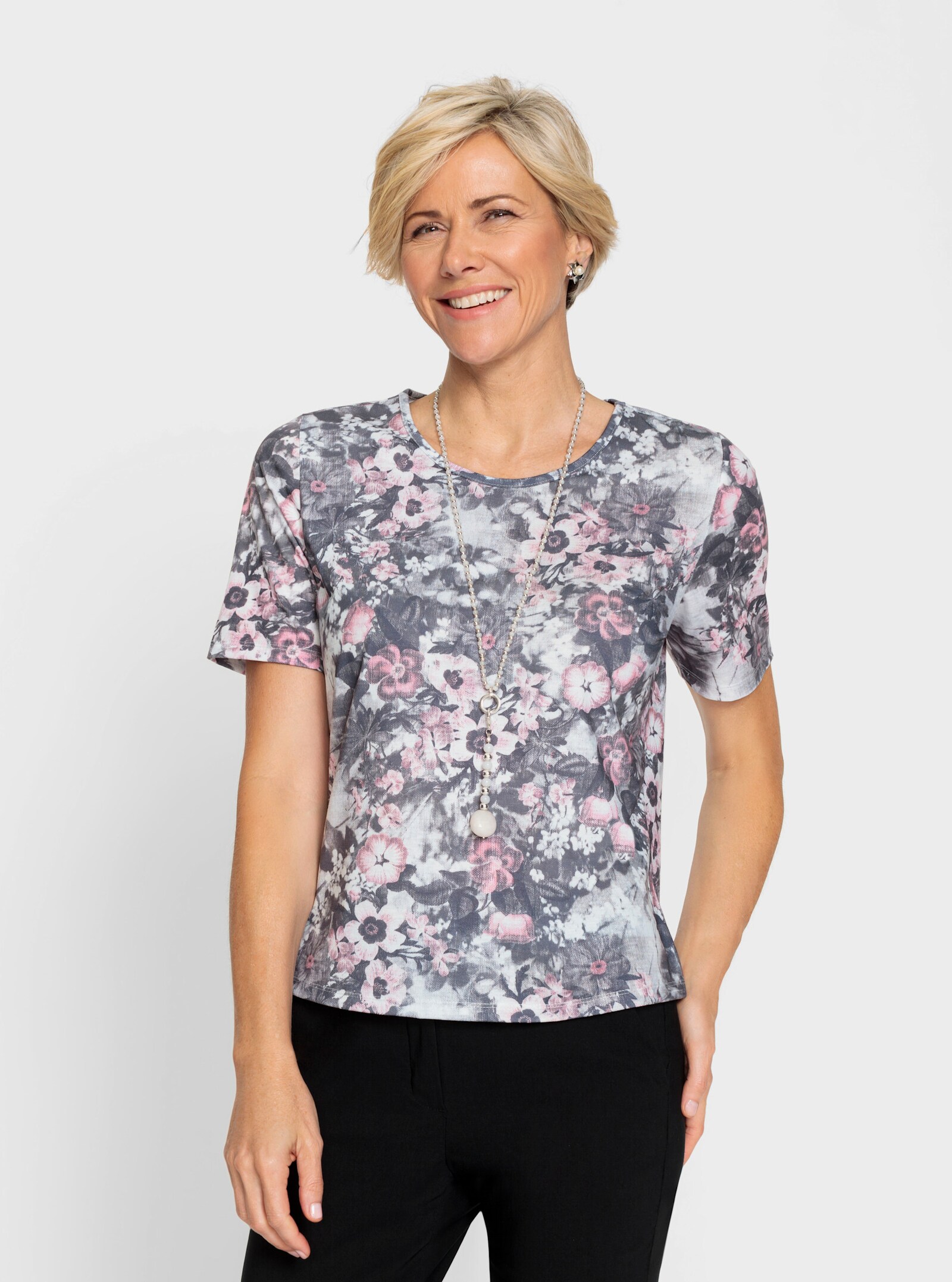 Rundhalsshirt mit Blümchen-Muster allover - ecru-altrosa-bedruckt