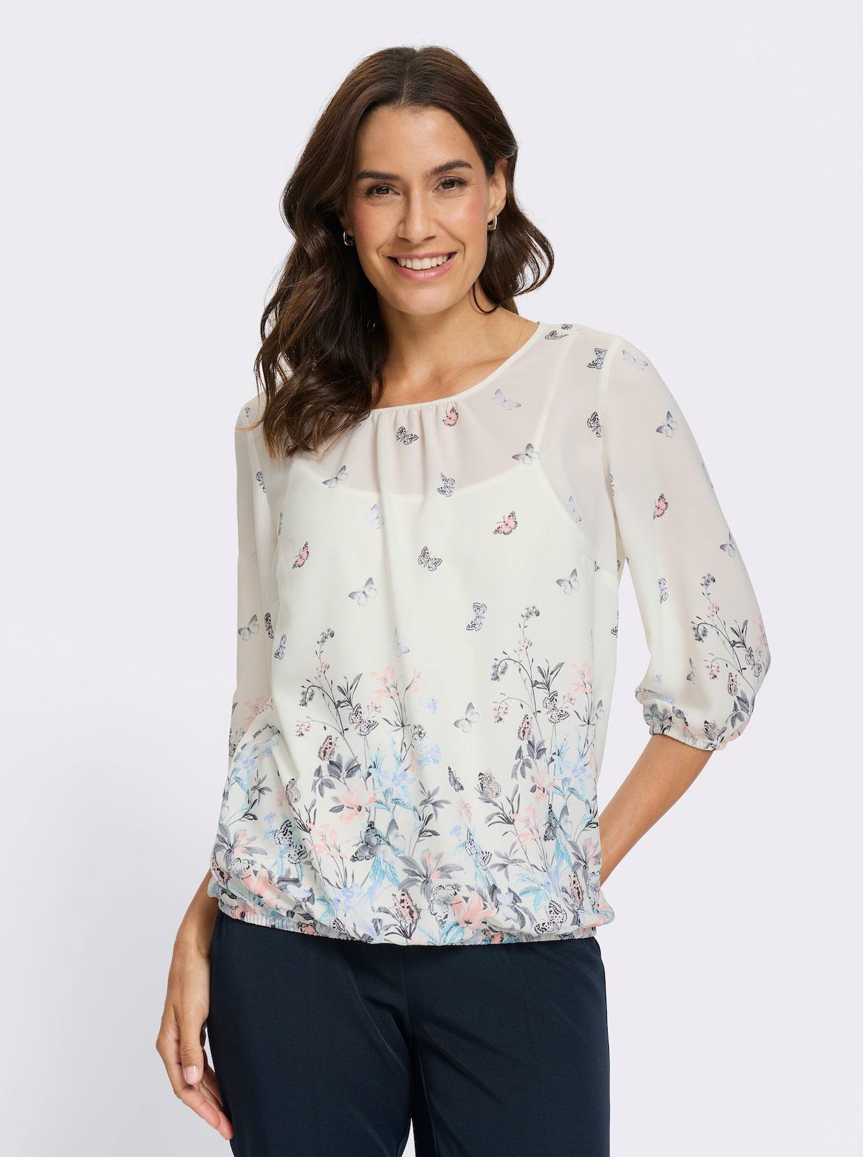 Druckbluse - ecru-bleu-bedruckt