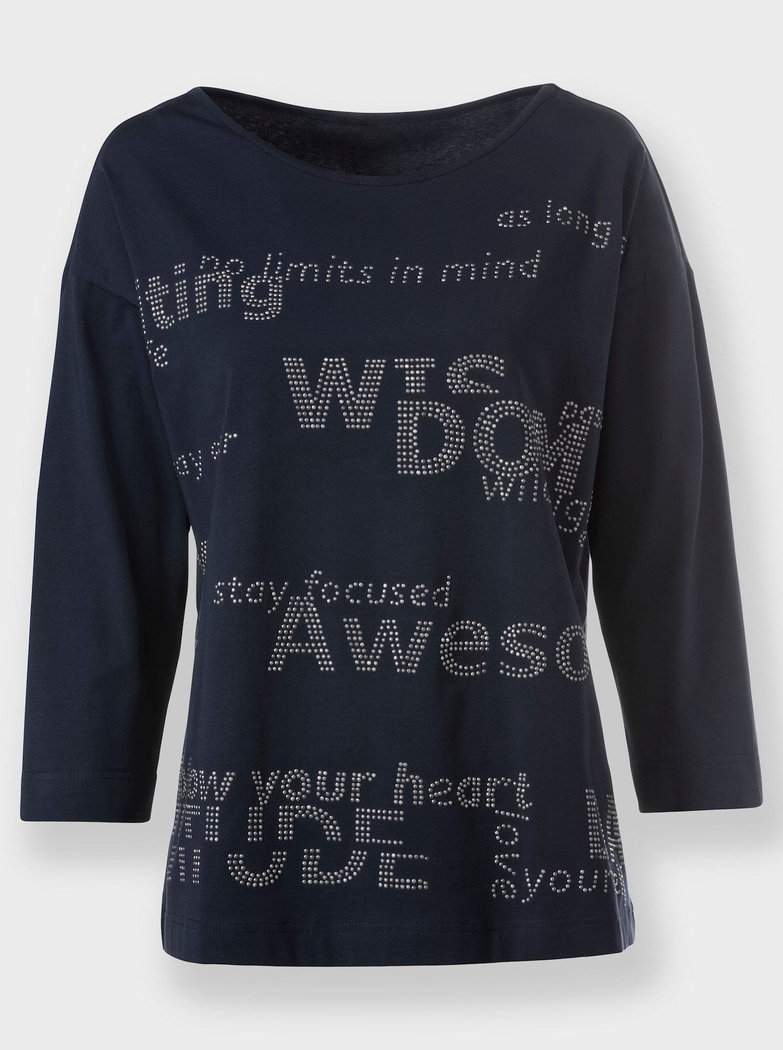 heine Shirt met 3/4-mouwen en opschrift van glittersteentjes - marine