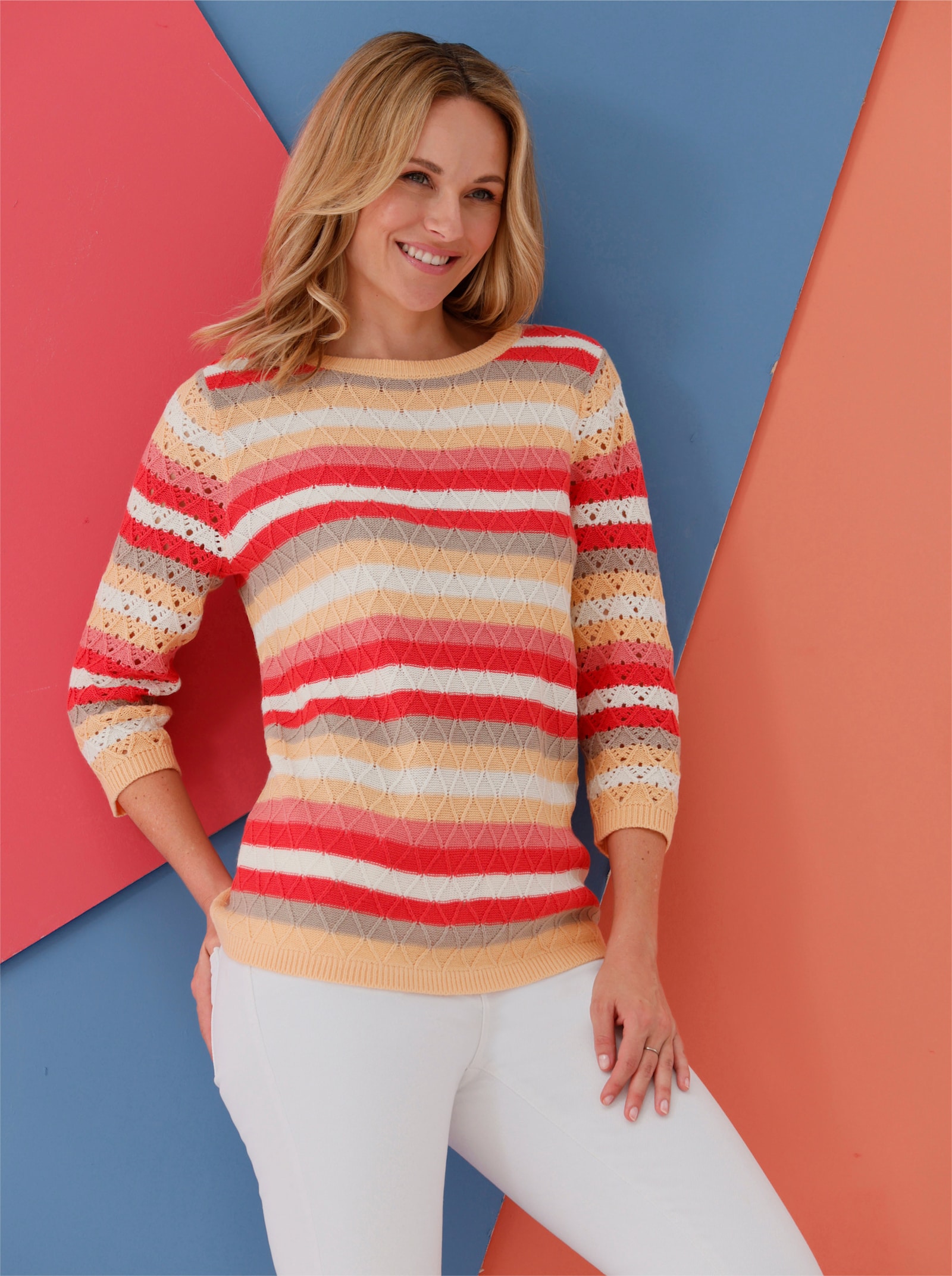 3/4 Arm-Pullover im Ringel-Dessin - hummer-ecru-geringelt