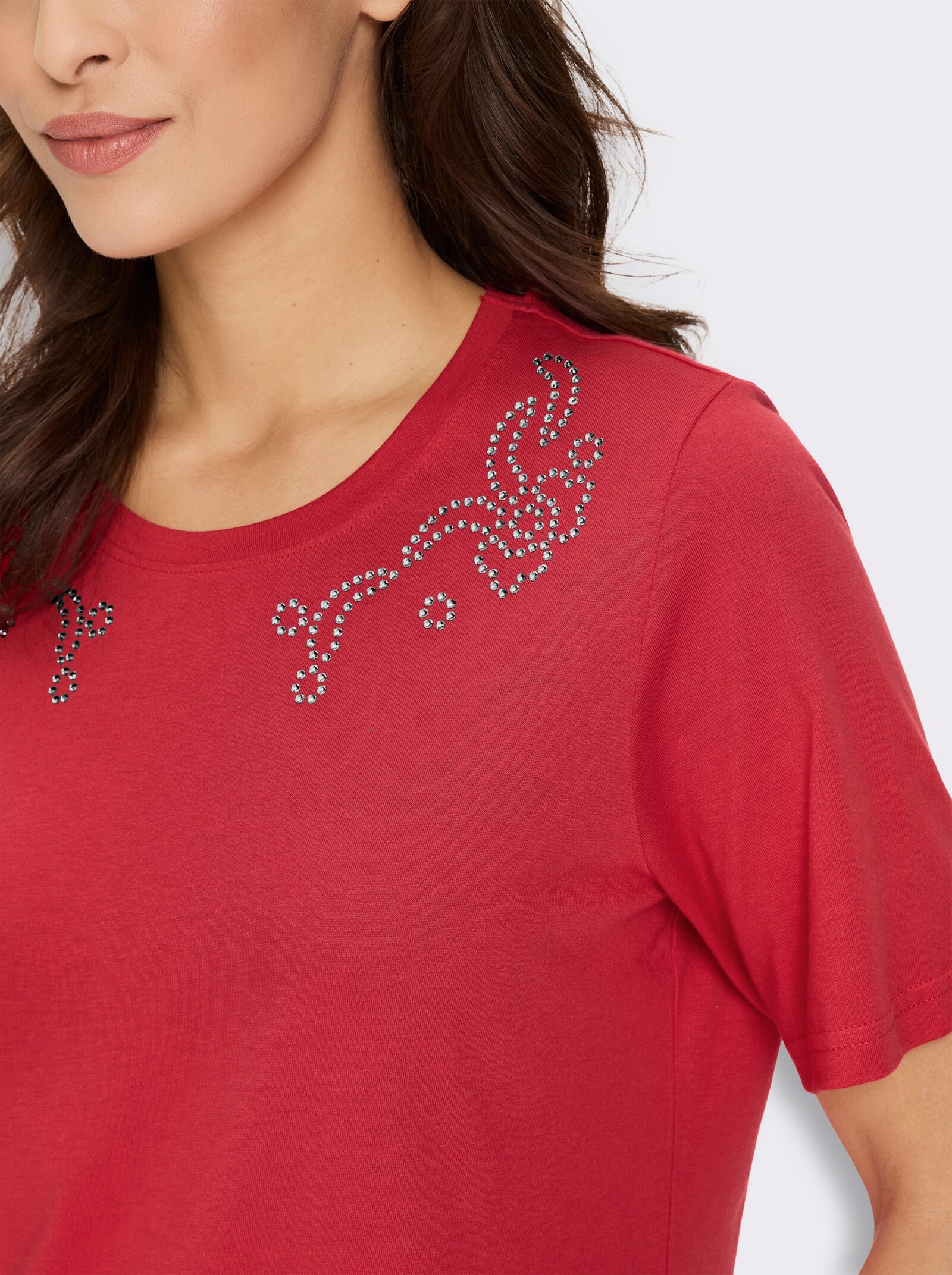 Kurzarmshirt mit Glitzersteinchen - erdbeere