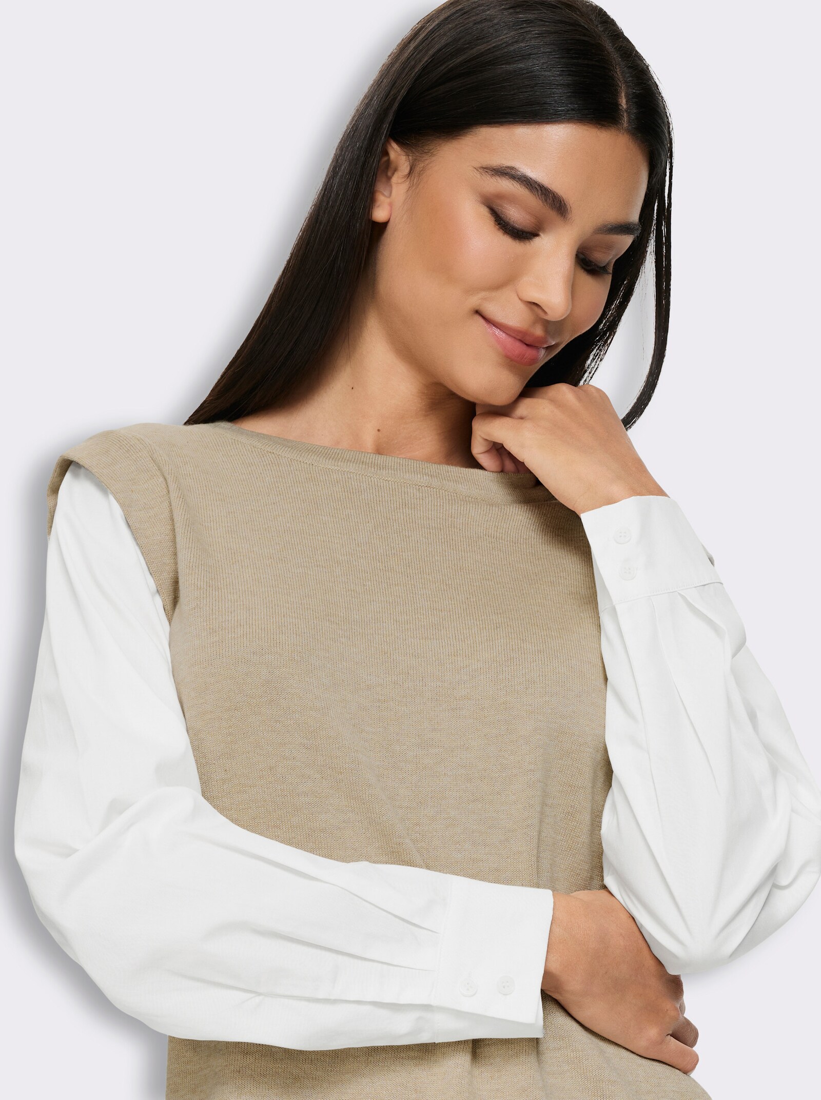 heine Langarm-Pullover mit Logo-Stickerei - beige-ecru-meliert