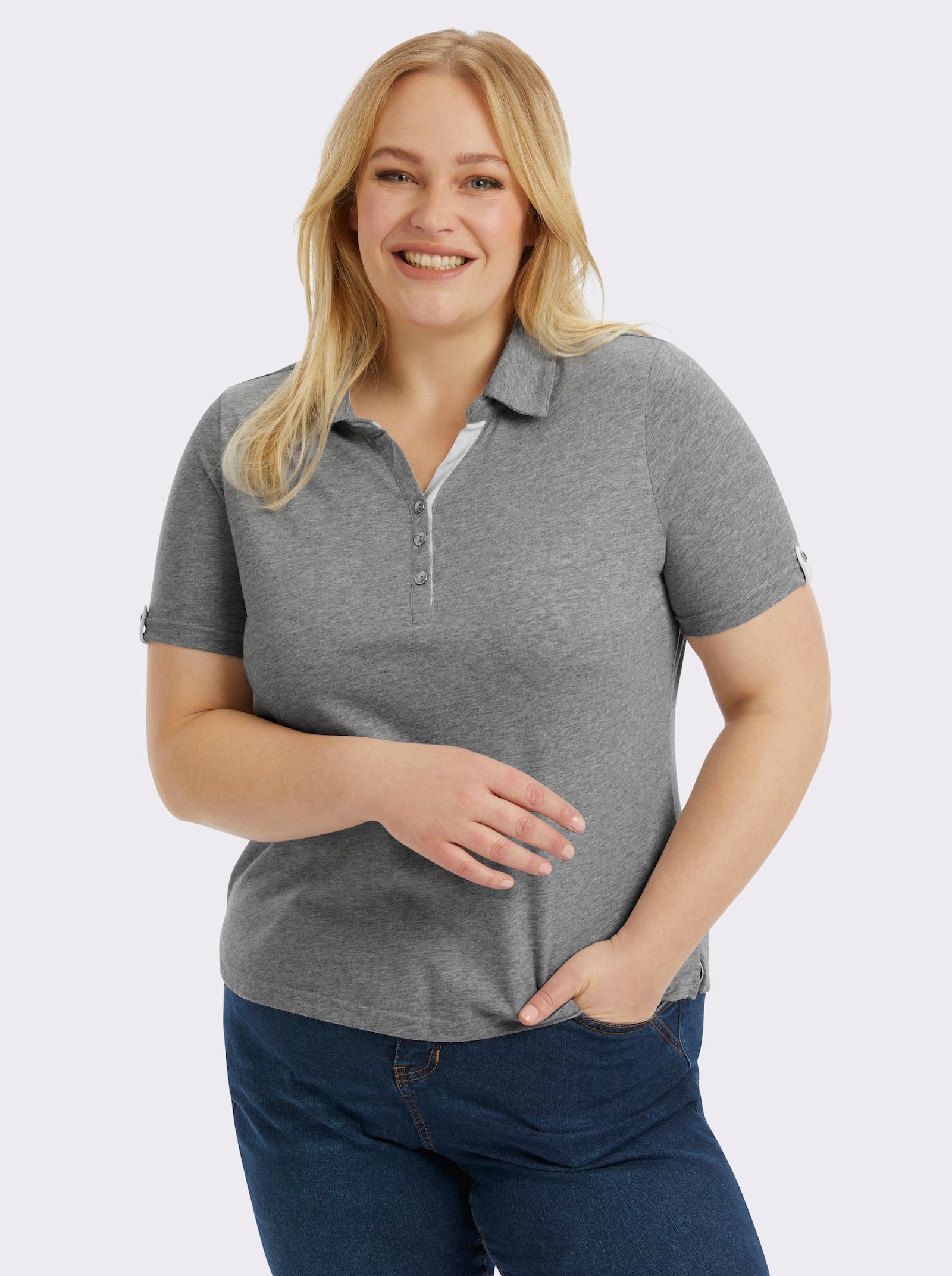 Poloshirt mit Zierriegel - grau-meliert