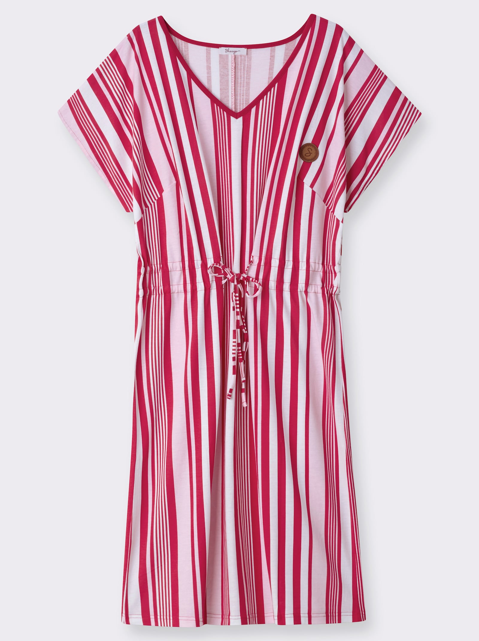 sheego Jerseykleid mit Streifenmuster und Bindeband - weiß-rot-gestreift