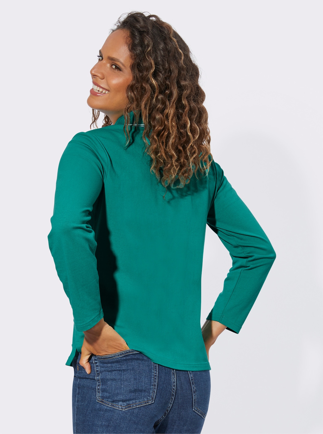 Langarm-Poloshirt - smaragd