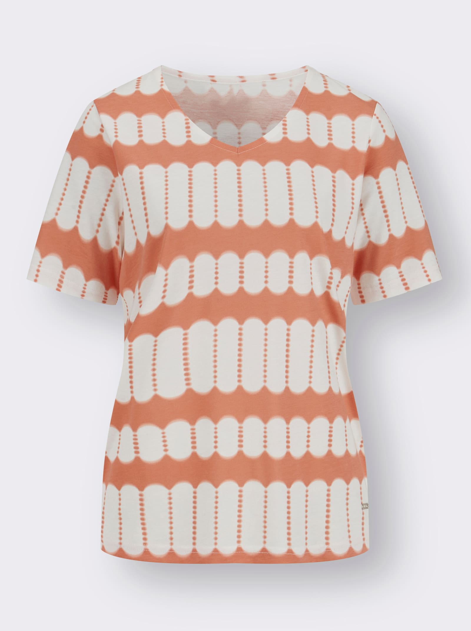 Kurzarmshirt mit V-Ausschnitt - papaya-ecru-bedruckt