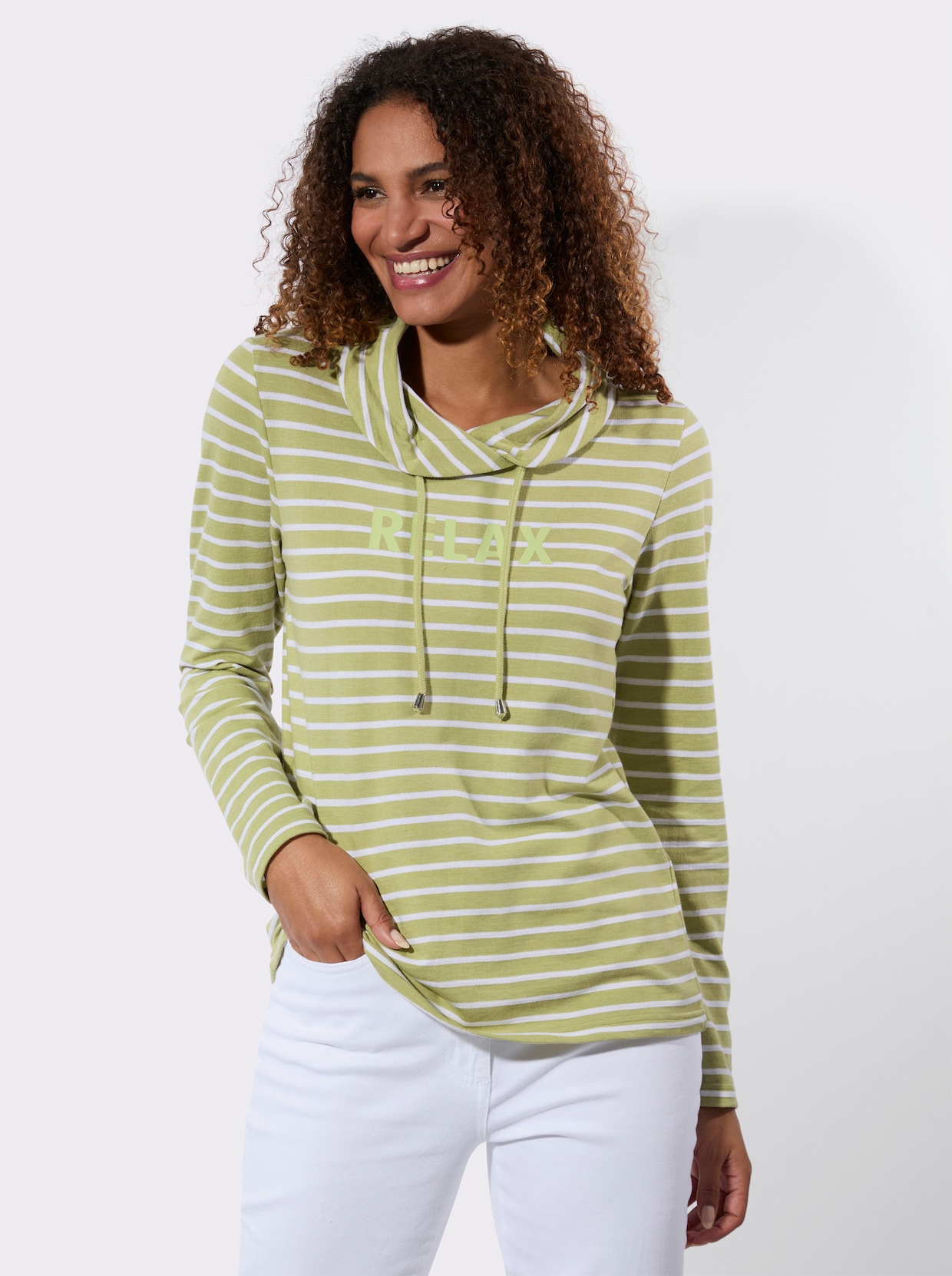 Sweatshirt mit regulierbarem Rollkragen - lindgrün-weiß-geringelt