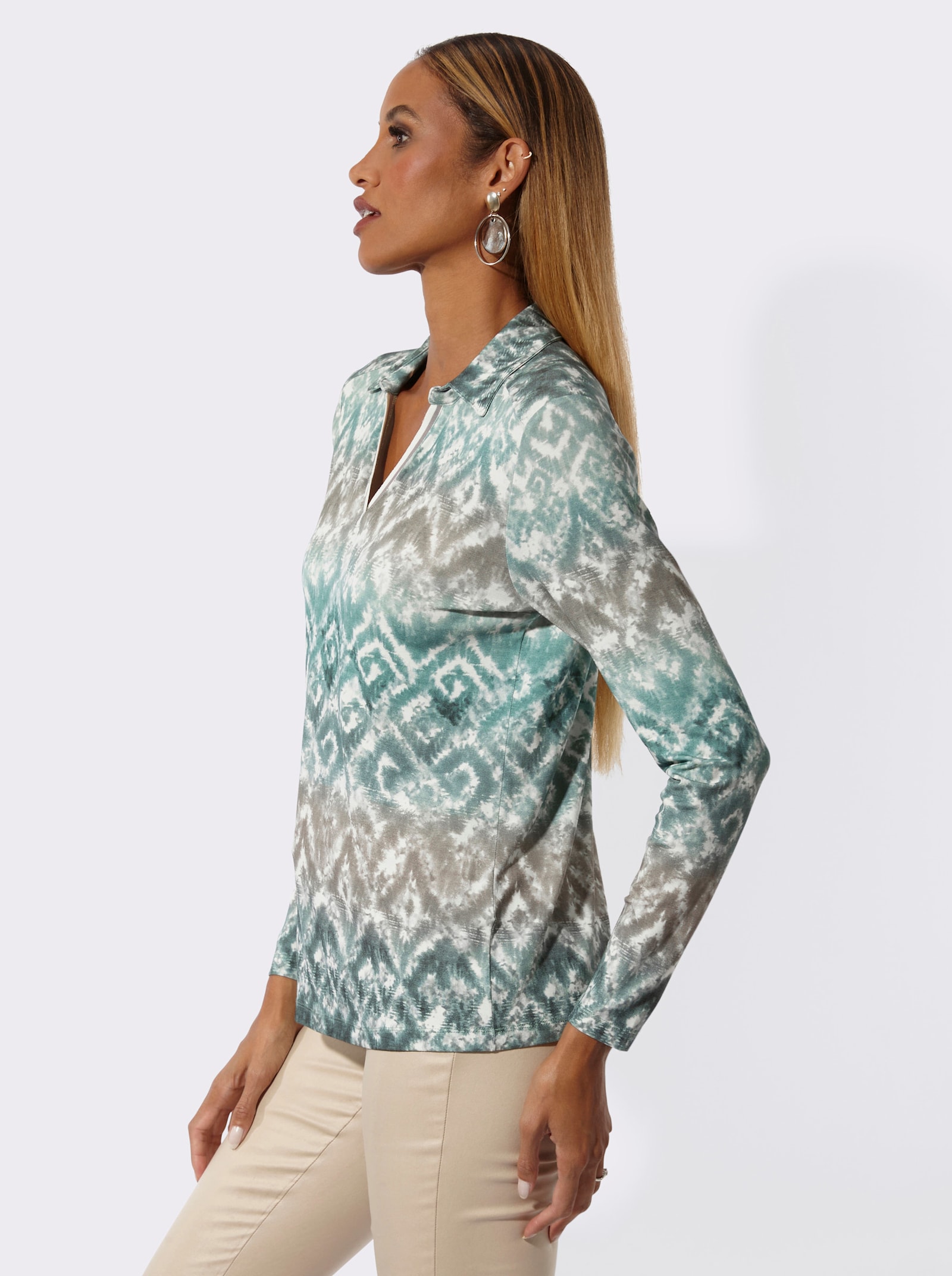 Langarmshirt mit Polokragen - ecru-grau-bedruckt