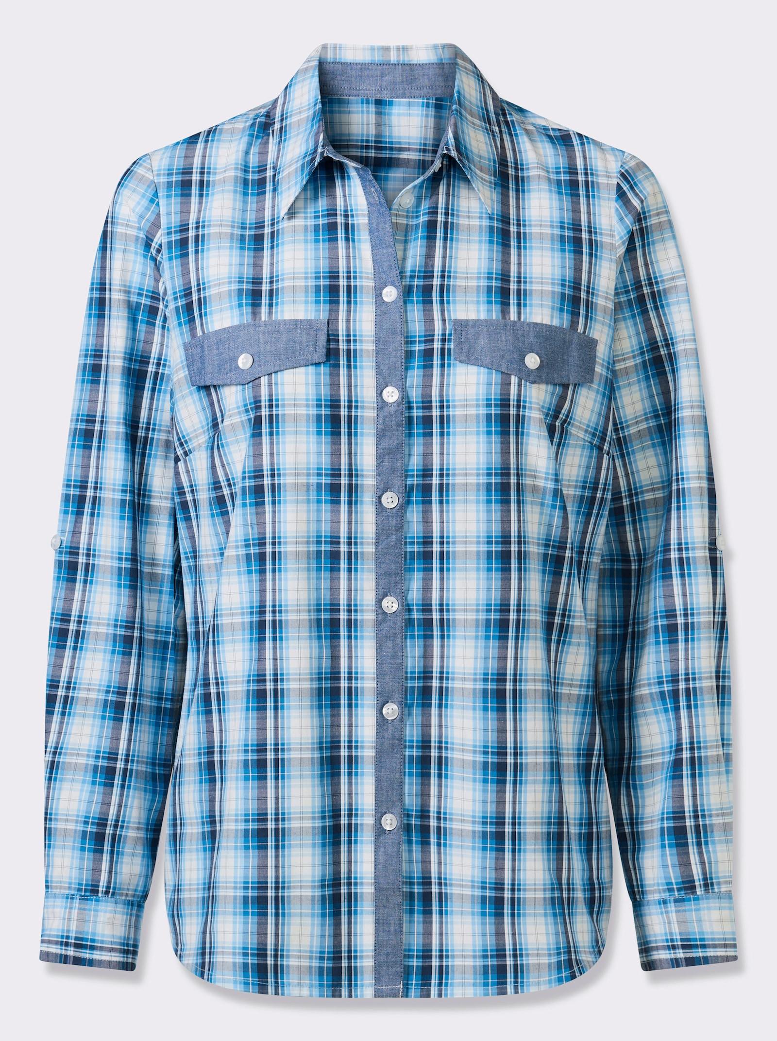 Kostkovaná halenka s náprsními kapsami s patkou - tyrkysová-bílá-kostka