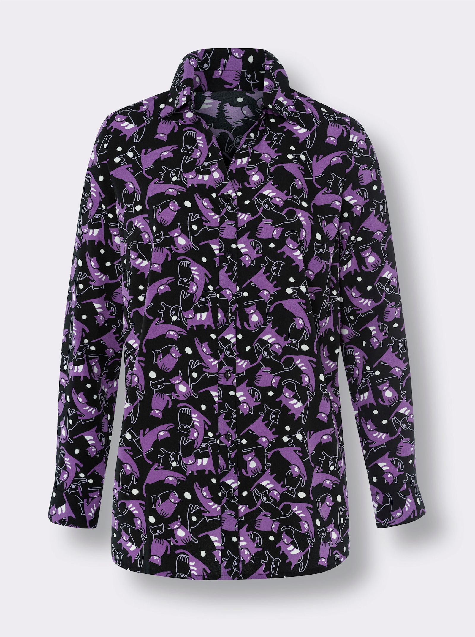 Longbluse mit Katzen-Motiv - schwarz-lila-bedruckt