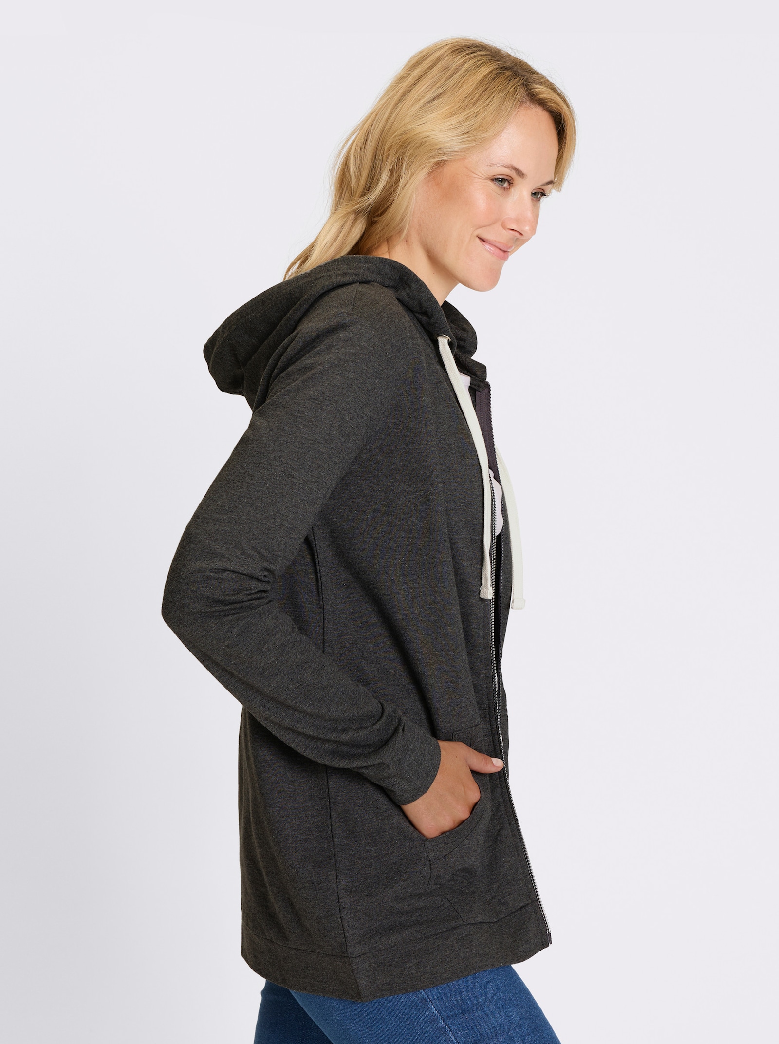 Tepláková bunda dlhého strihu - antracitová melírovaná