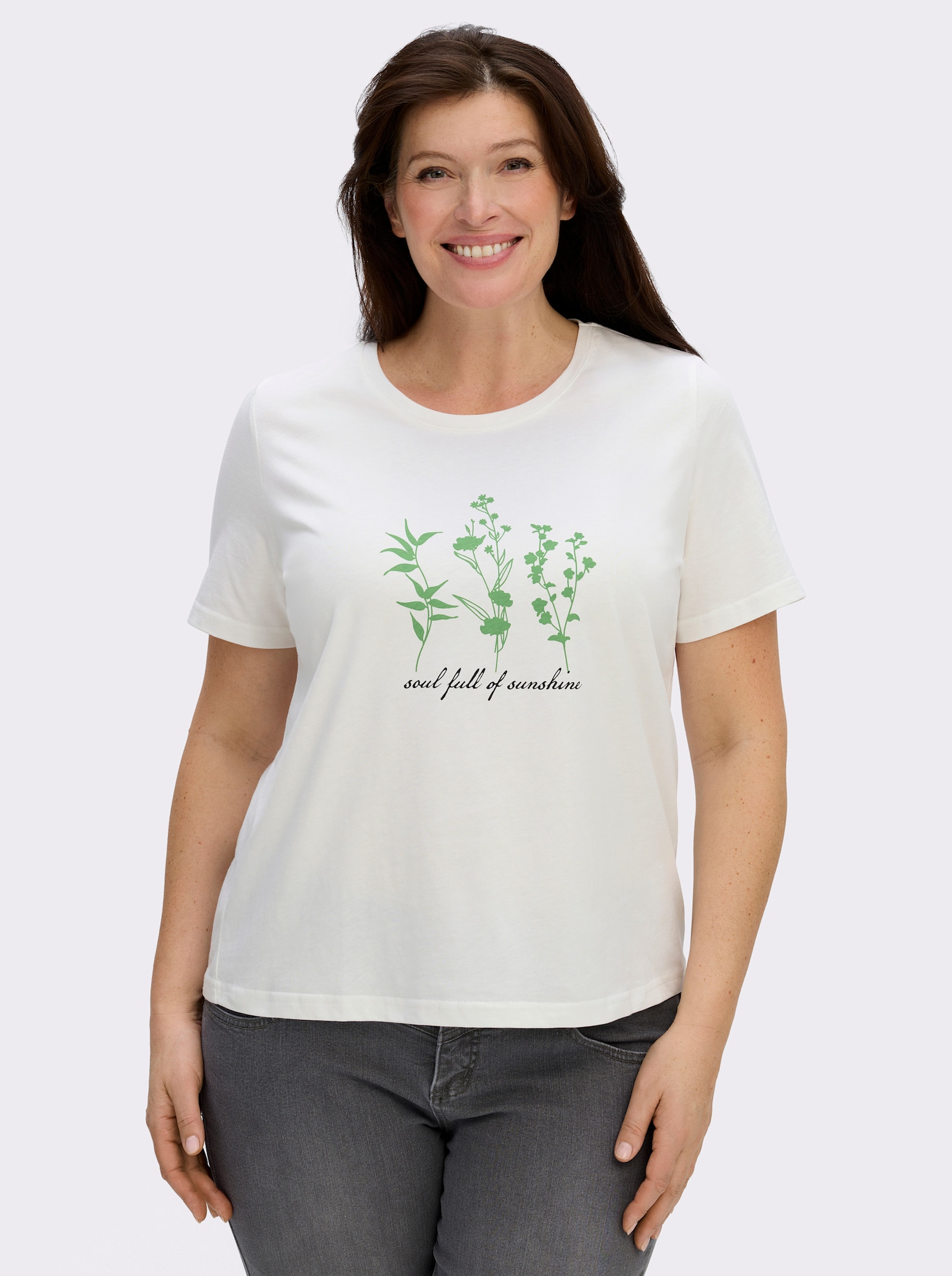 Kurzarmshirt mit floralem Motiv - ecru-apfel-bedruckt