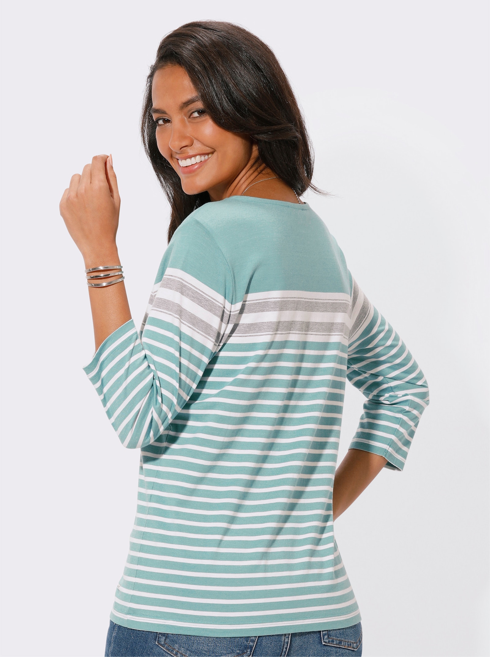 Rundhalsshirt im Ringel-Dessin - salbei-ecru-geringelt