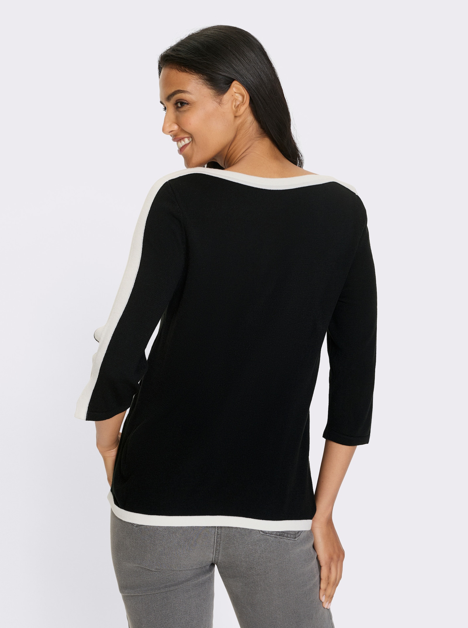 3/4 Arm-Pullover mit kontrastfarbenen Details - schwarz-weiß