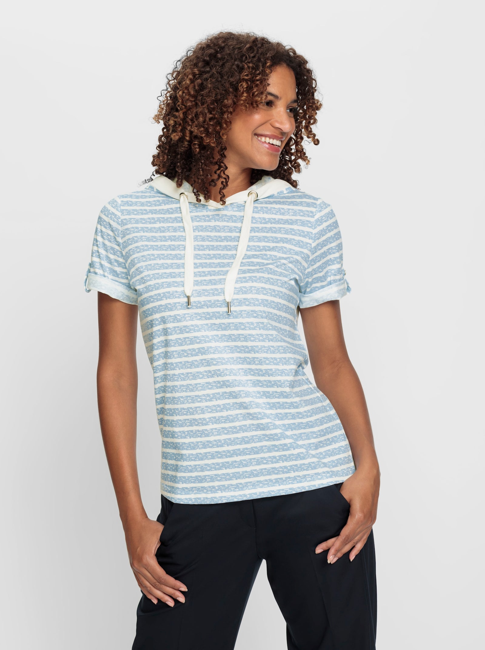 Kapuzenshirt aus reiner Baumwolle - eisblau-ecru-geringelt