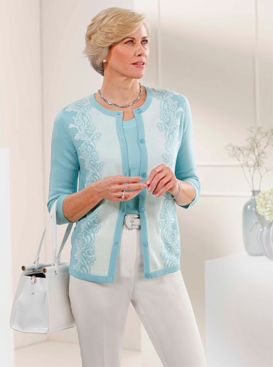 Strickjacke - aquamarin-ecru-gemustert