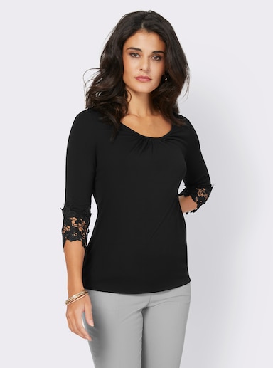 Rundhalsshirt mit Spitzenabschluss - schwarz