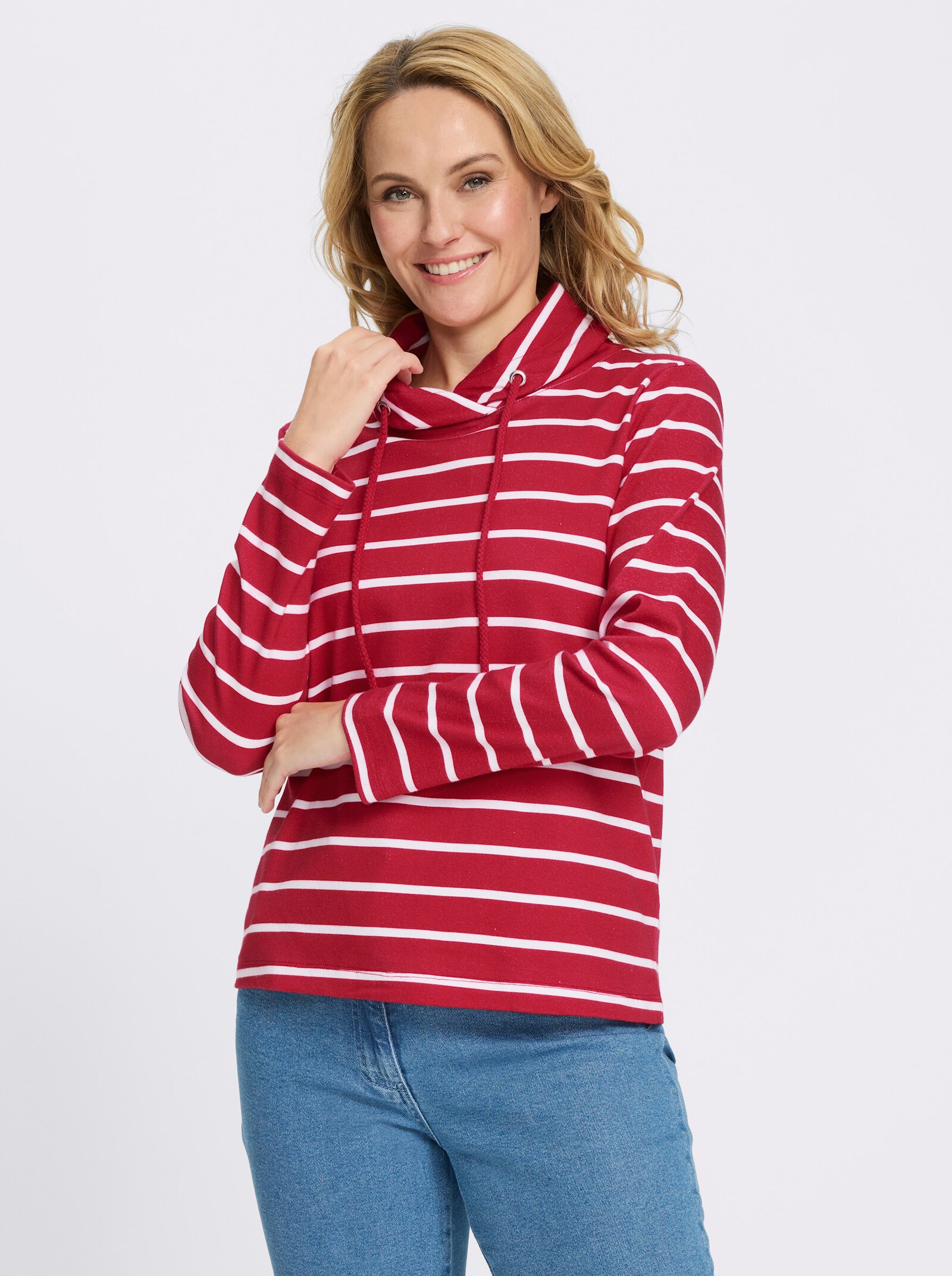 Sweatshirt mit überlappendem Kragen - rot-ecru-geringelt