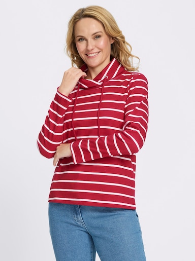 Sweatshirt mit überlappendem Kragen - rot-ecru-geringelt