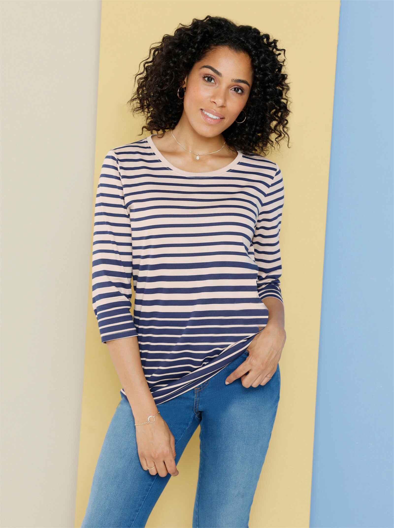 Pruh. tričko s 3/4 rukávmi - Pruhovanie: béžová – námornícka modrá