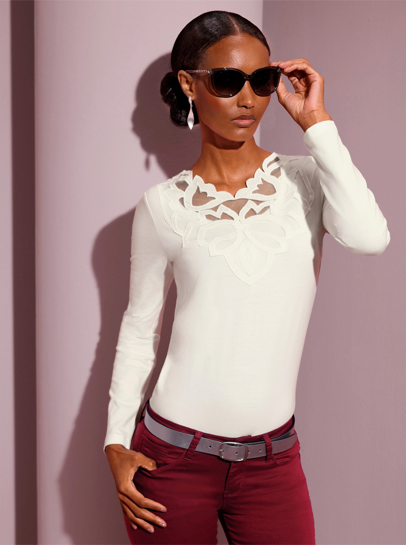 Langarmshirt im feinen Baumwoll-Modal-Mix - ecru