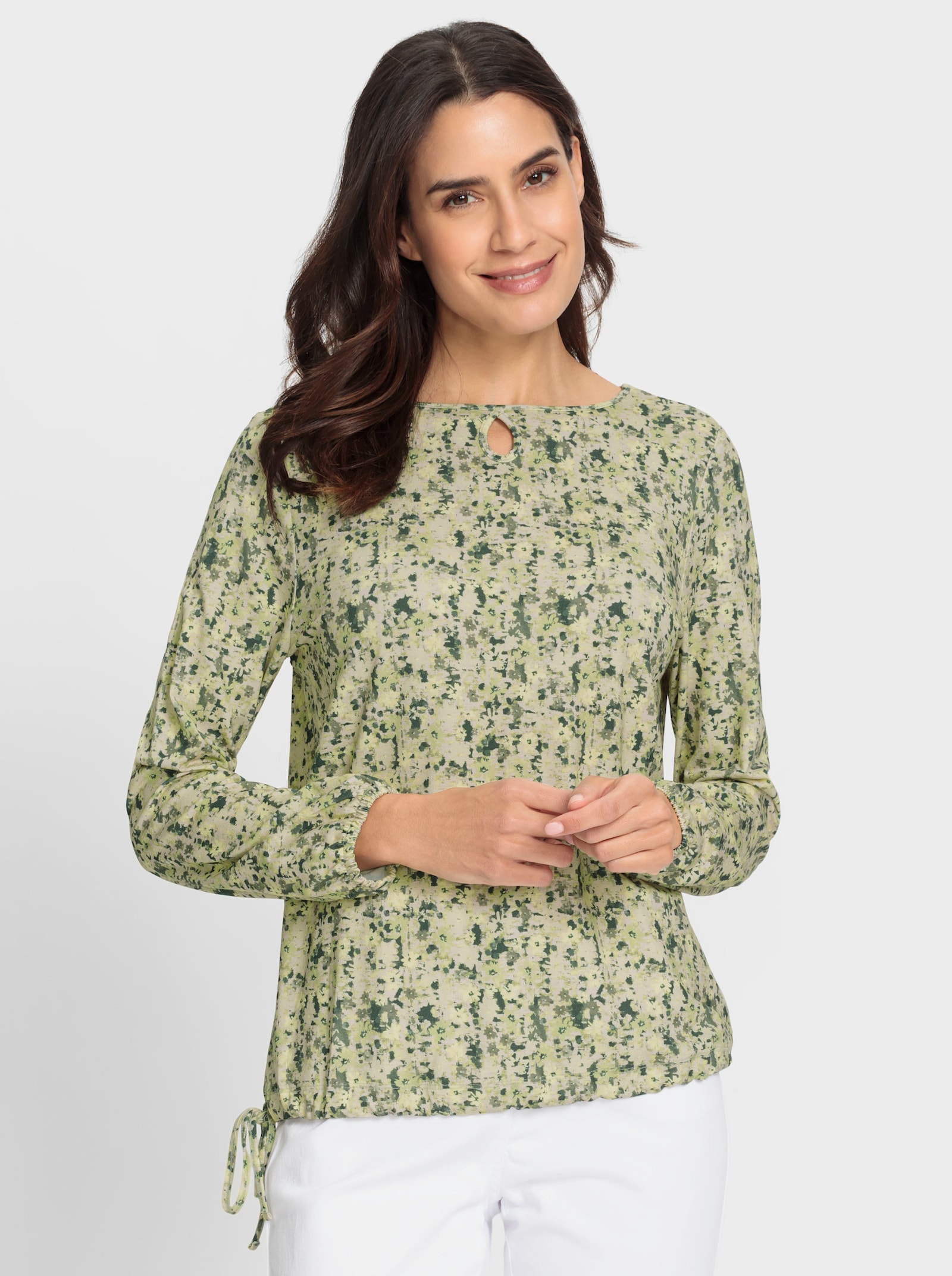 Print-Shirt mit seitlichem Bindeband - elfenbein-zitrone-bedruckt