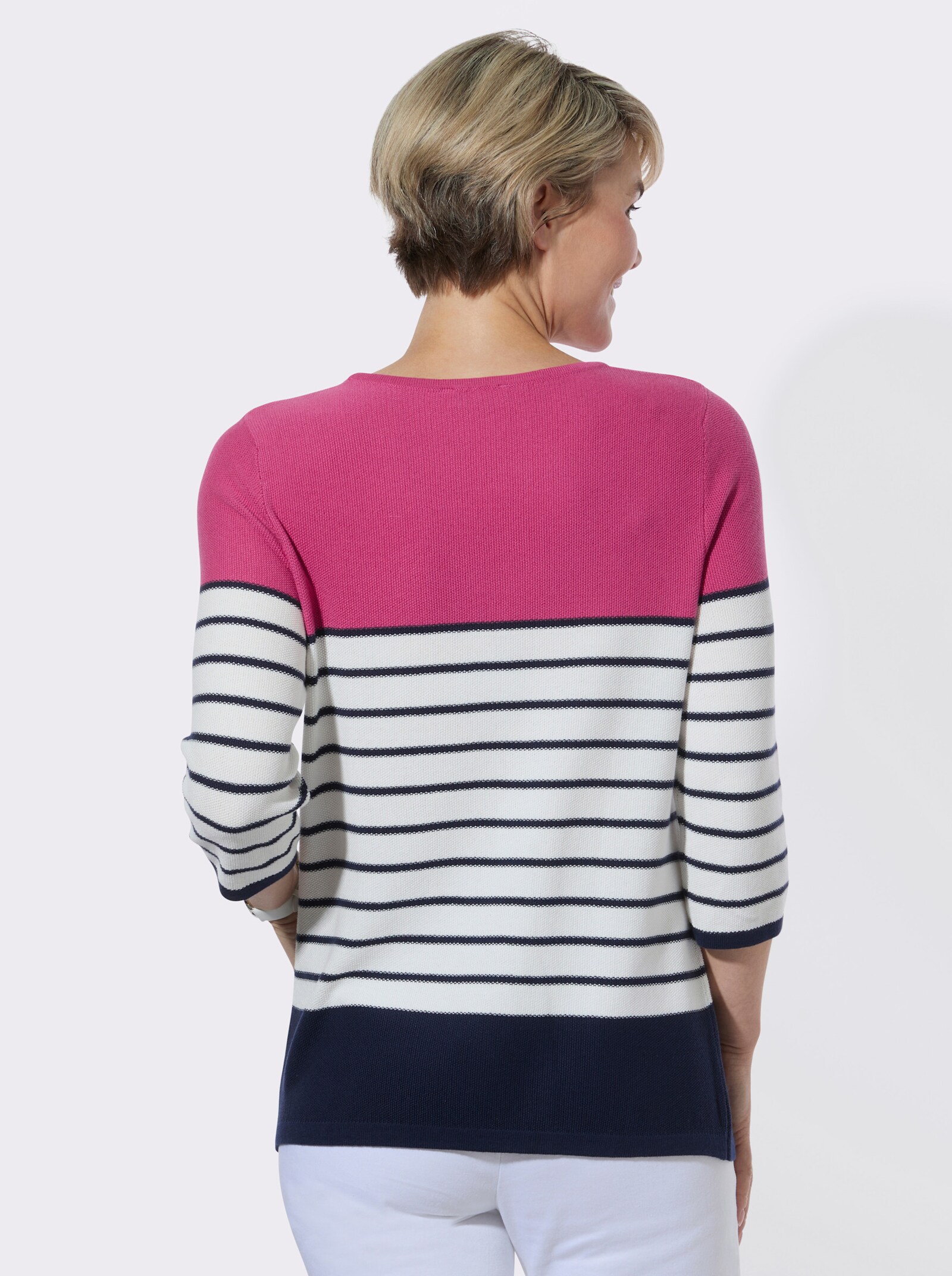 Rundhalspullover mit 3/4-Ärmeln - fuchsia-marine-geringelt