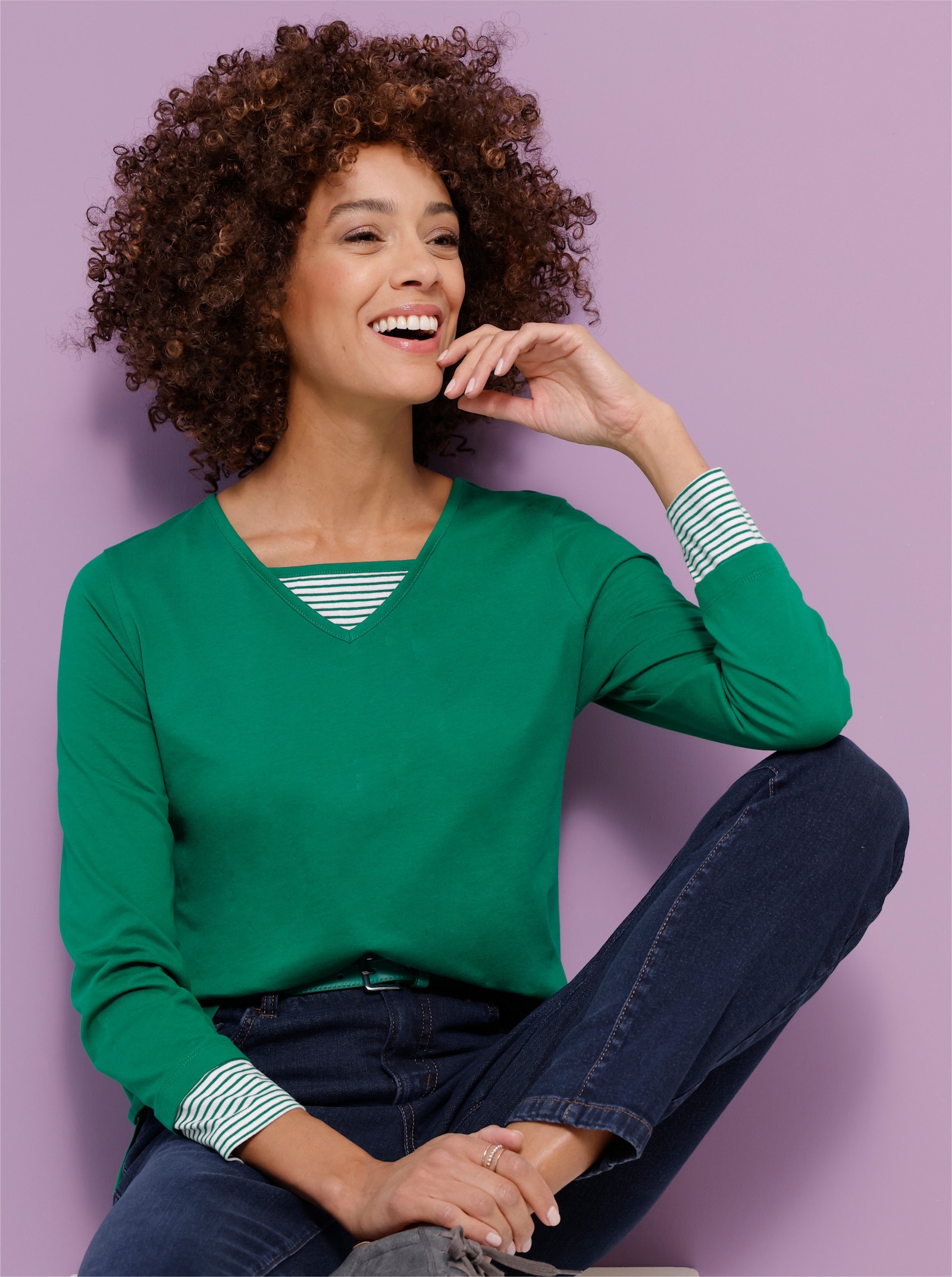 Langarmshirt mit garngefärbten Streifen - grün