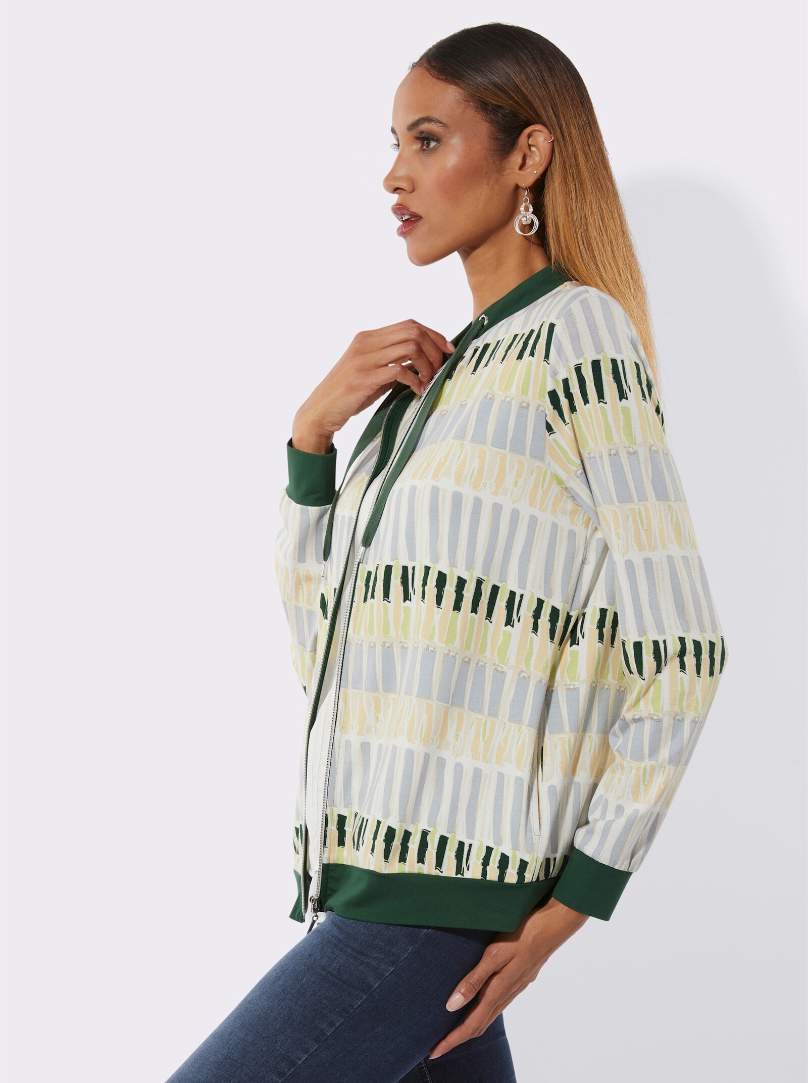 Shirtjacke mit Stehkragen - ecru-moos-bedruckt