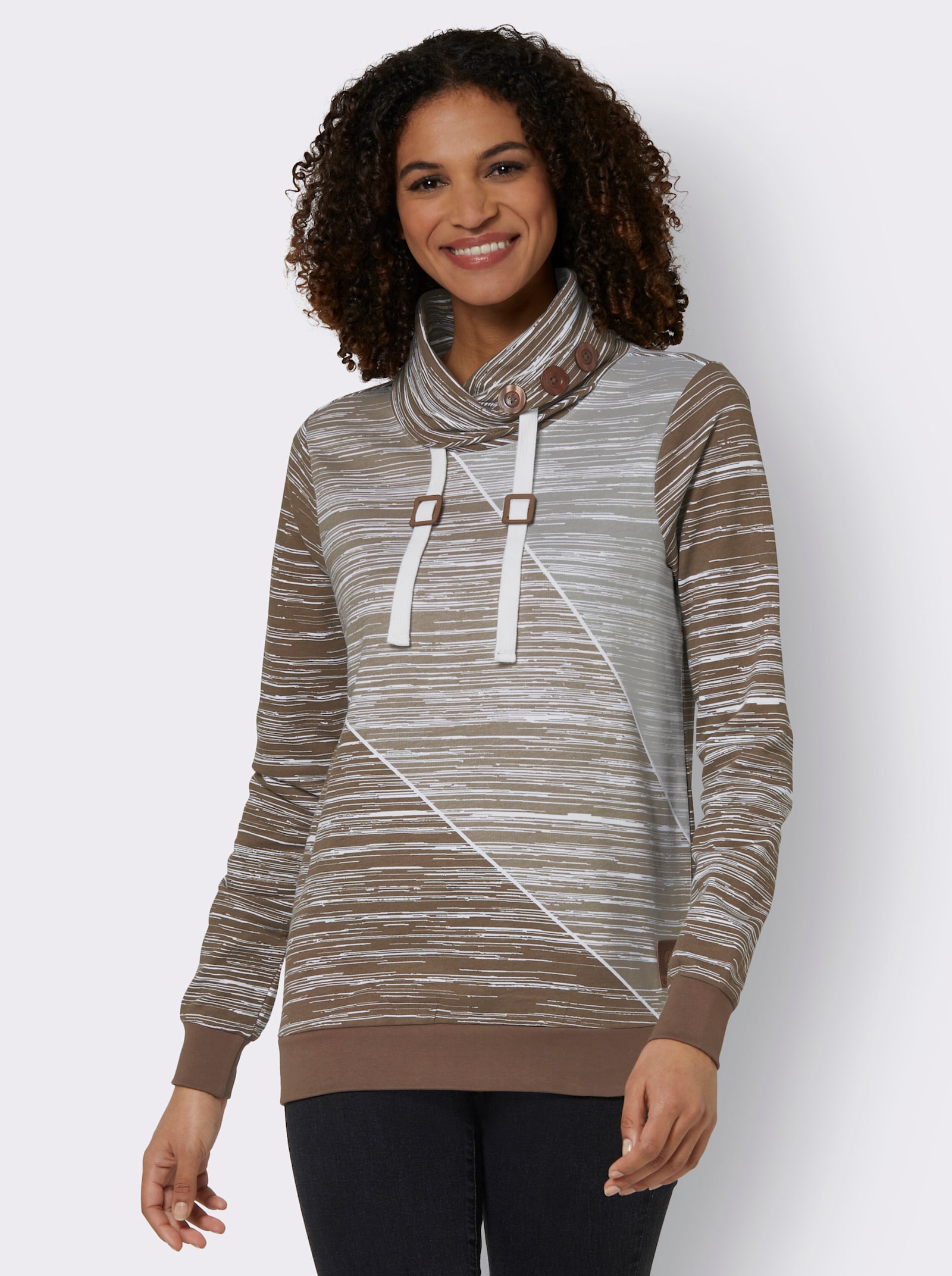 Sweatshirt mit elastischen Bündchen - braun-ecru-bedruckt