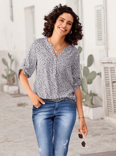 Druckbluse - ecru-grau-bedruckt