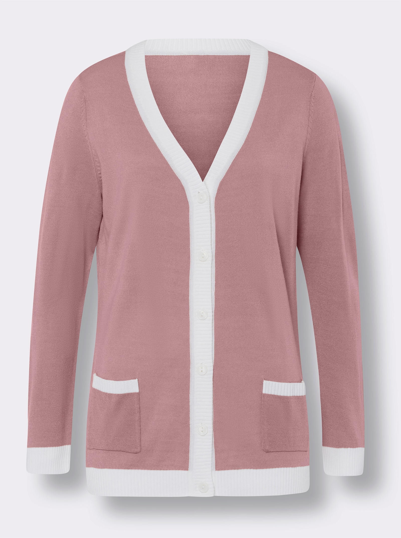 Pletený kabátek s jednobarevnými žebrovanými lemy - hortenziová