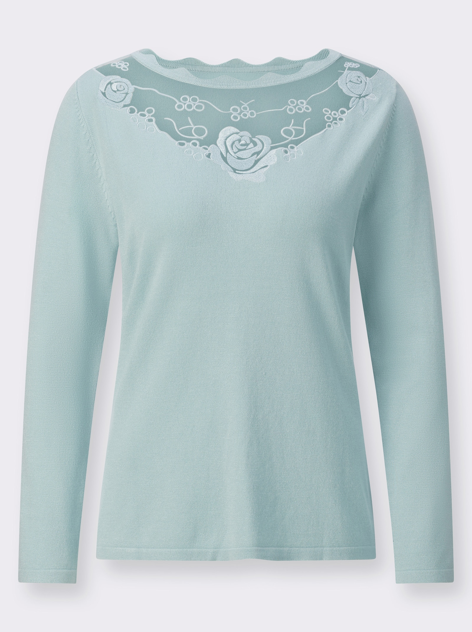 Feinstrickpullover mit besticktem Chiffon-Einsatz - mint