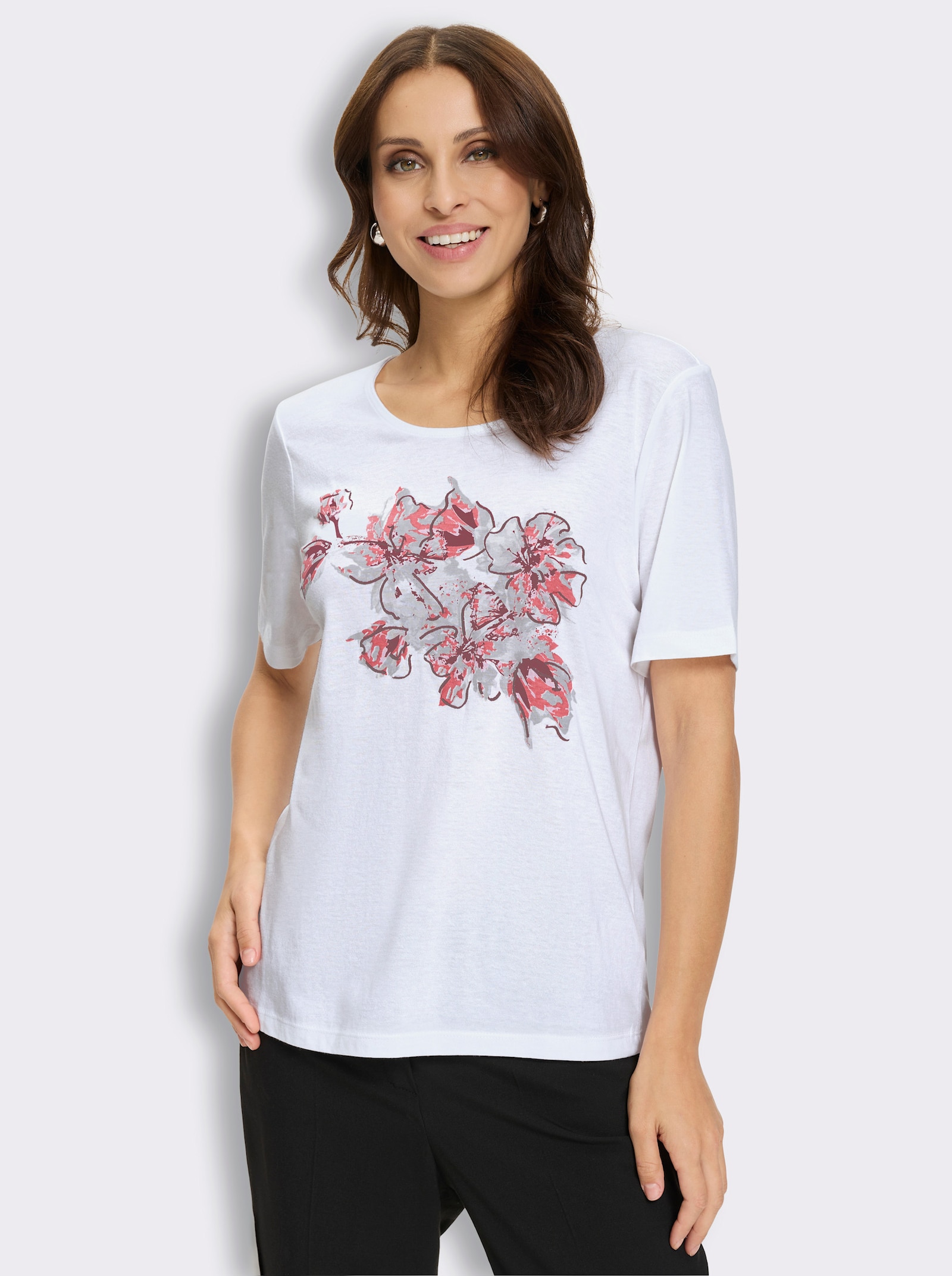 Kurzarmshirt im Modal-Mix - ecru-koralle-bedruckt