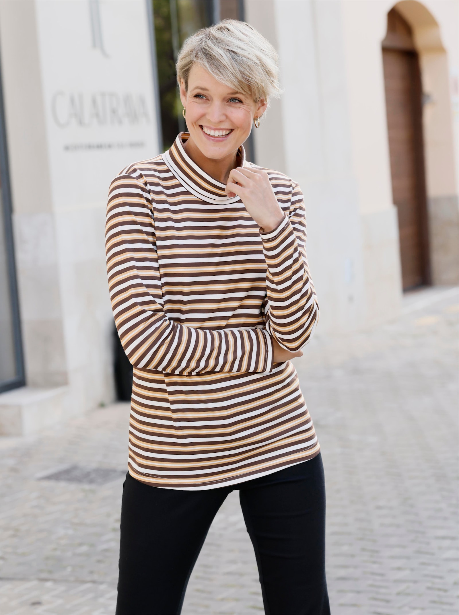 Colshirt van puur katoen, gestreept - chocolade/camel gestreept
