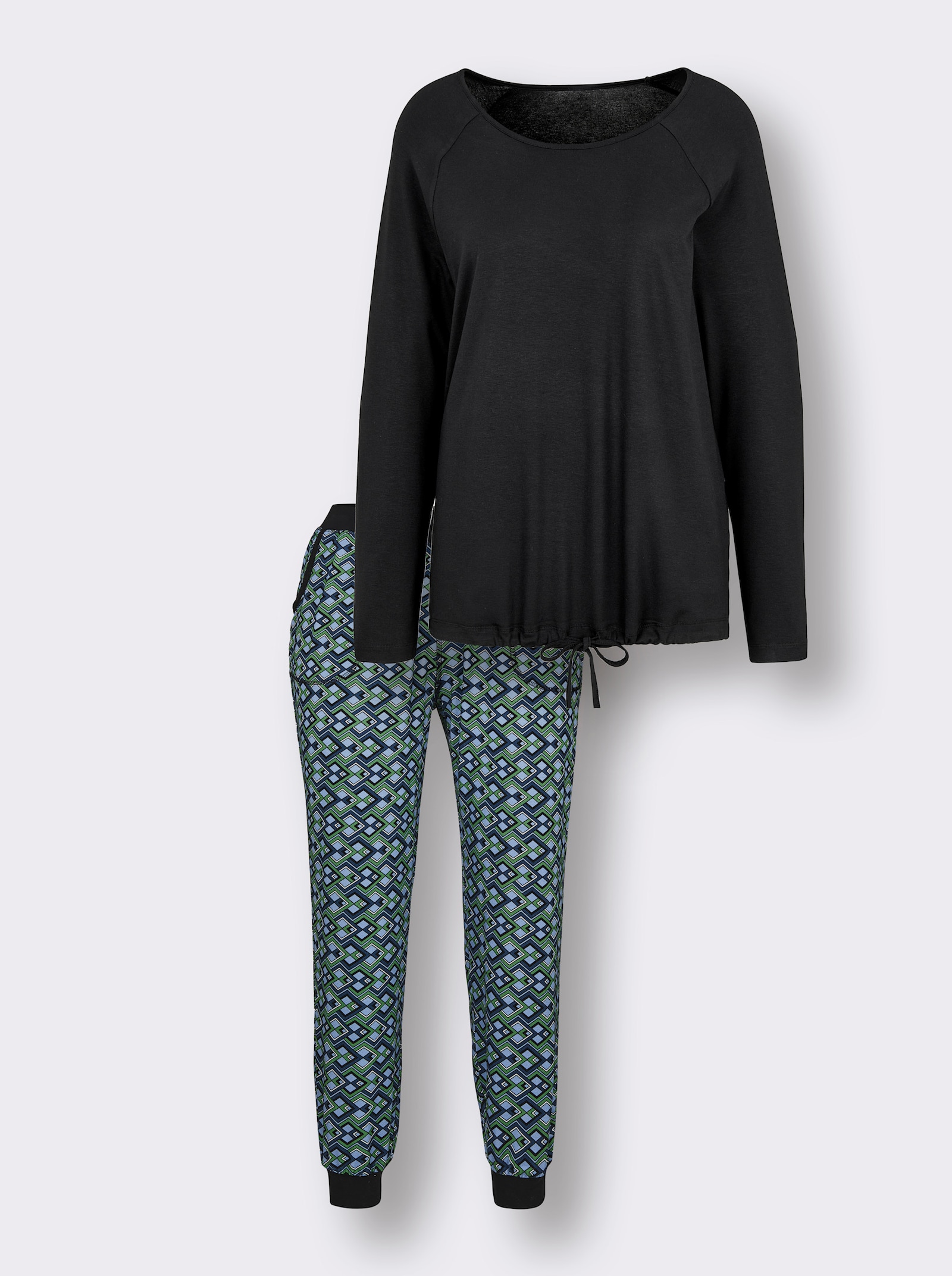 wäschepur Schlafanzug in Viskose-Qualität - schwarz-apfel-bedruckt