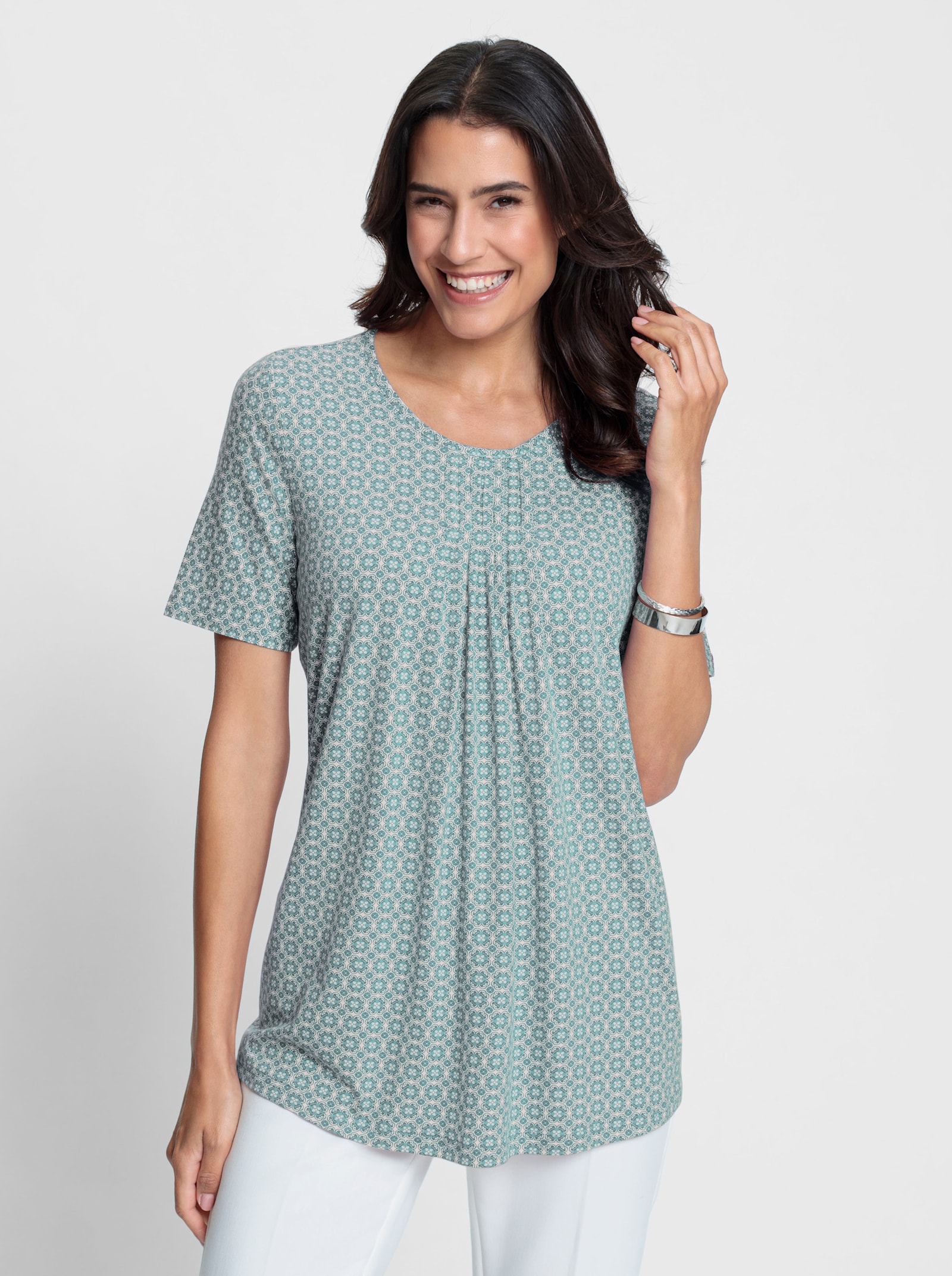 Tunikashirt in A-Linie - salbei-weiß-bedruckt