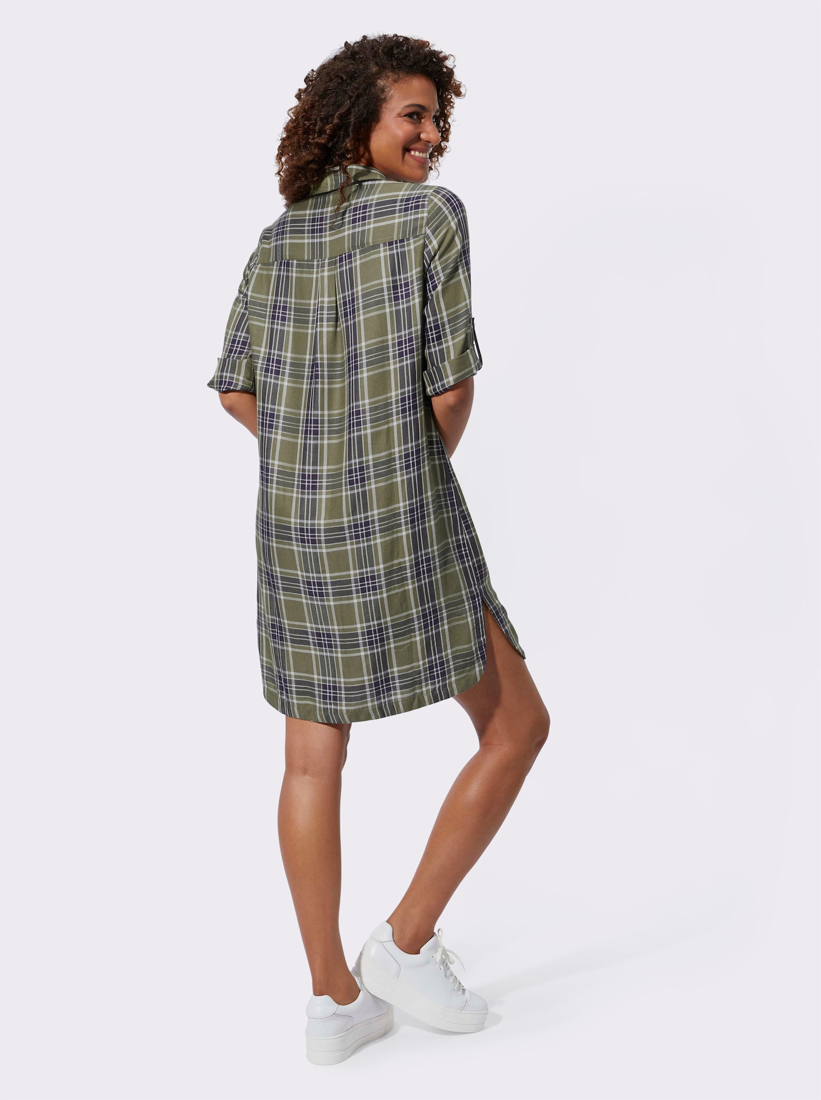 Karokleid mit krempelbaren Ärmeln - oliv-marine-kariert