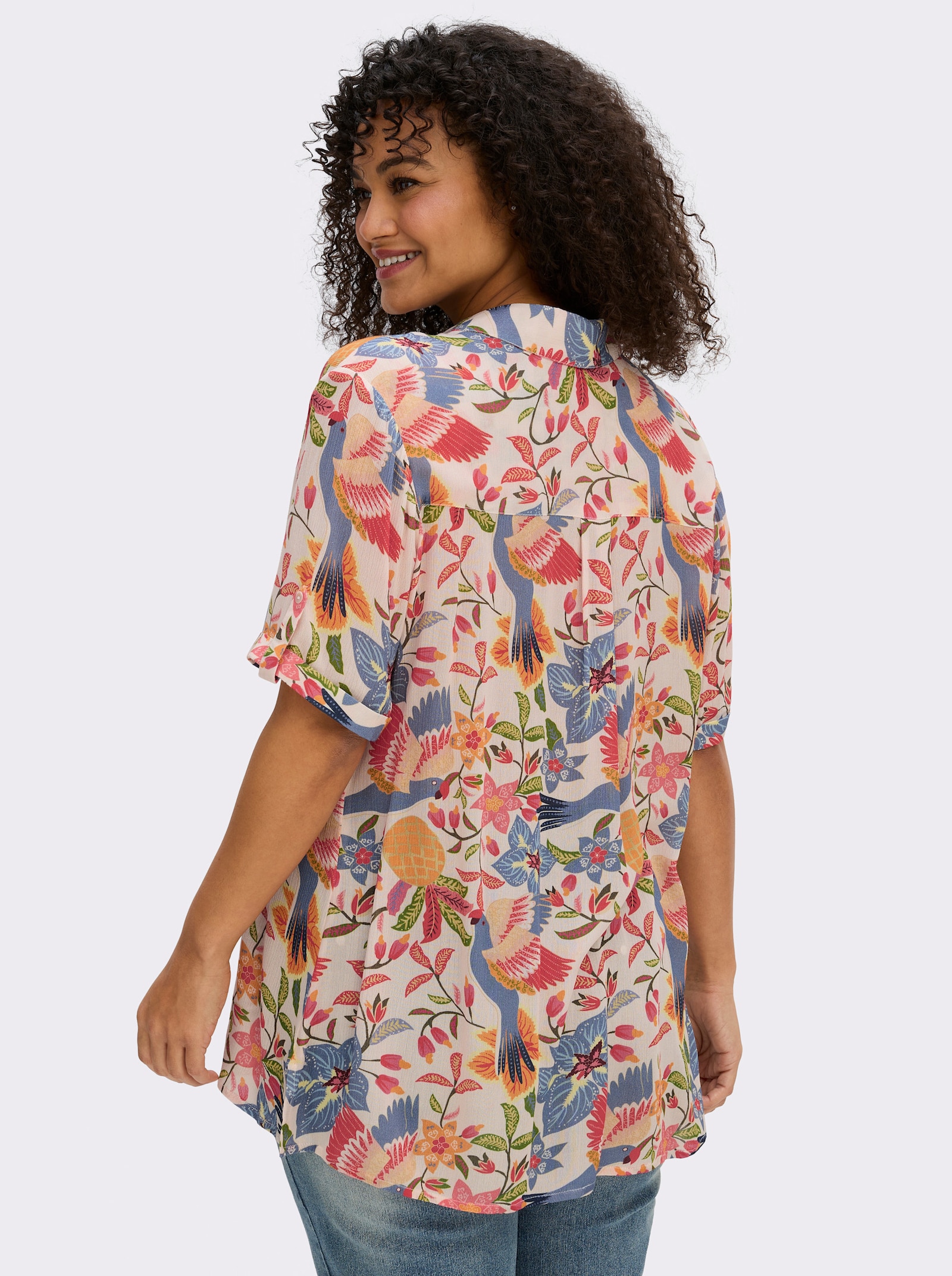 sheego by Joe Browns Overhemdblouse met tropische print - champagne/hemelsblauw bedrukt