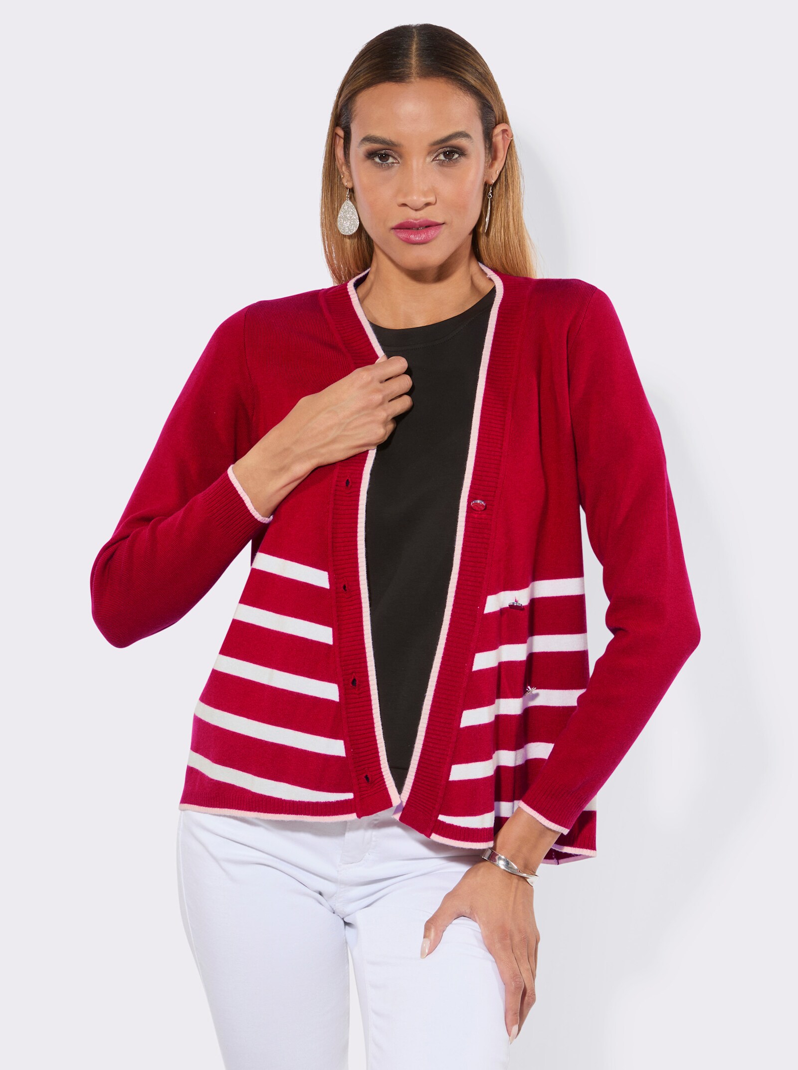 Feinstrickjacke mit asymmetrischer Knopfleiste - rot-weiß-geringelt